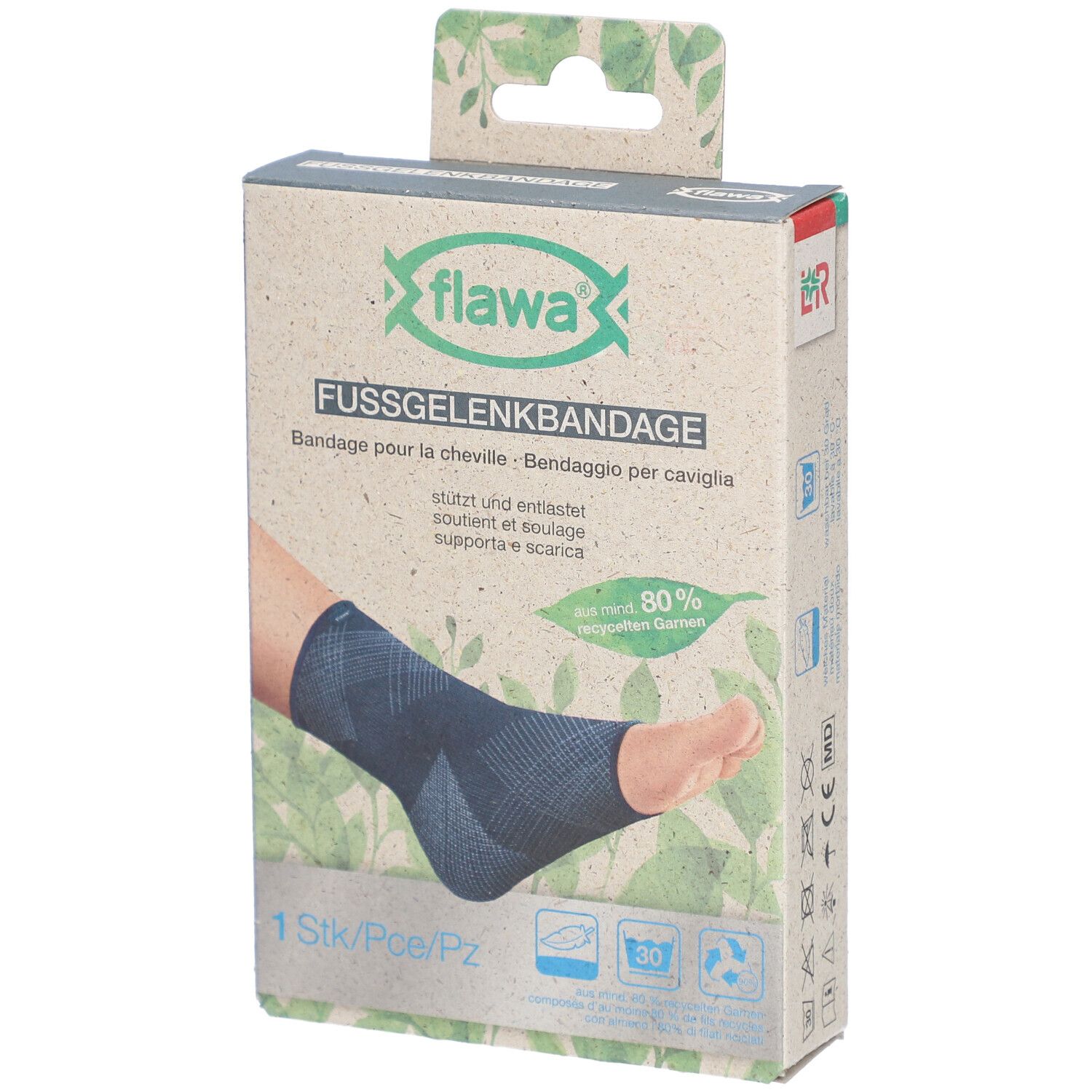Emballage de l'attelle de cheville flawa®. Inscription : FUSSGELENKBANDAGE, Bandage pour la cheville, 1 pièce.