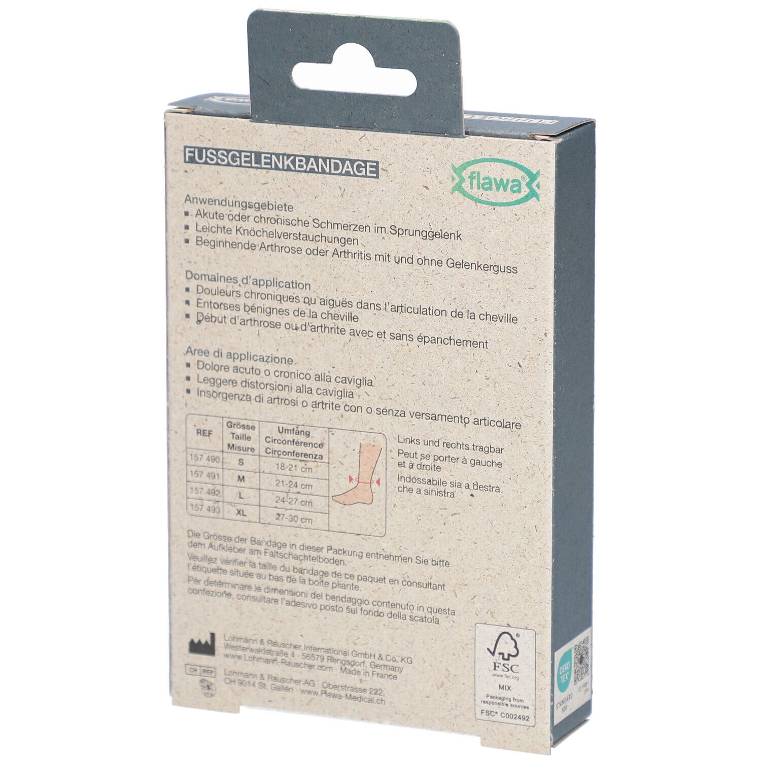 Dos de l'emballage de l'attelle de cheville flawa®. Inscription : Application, informations de taille, logo flawa®, label FSC.