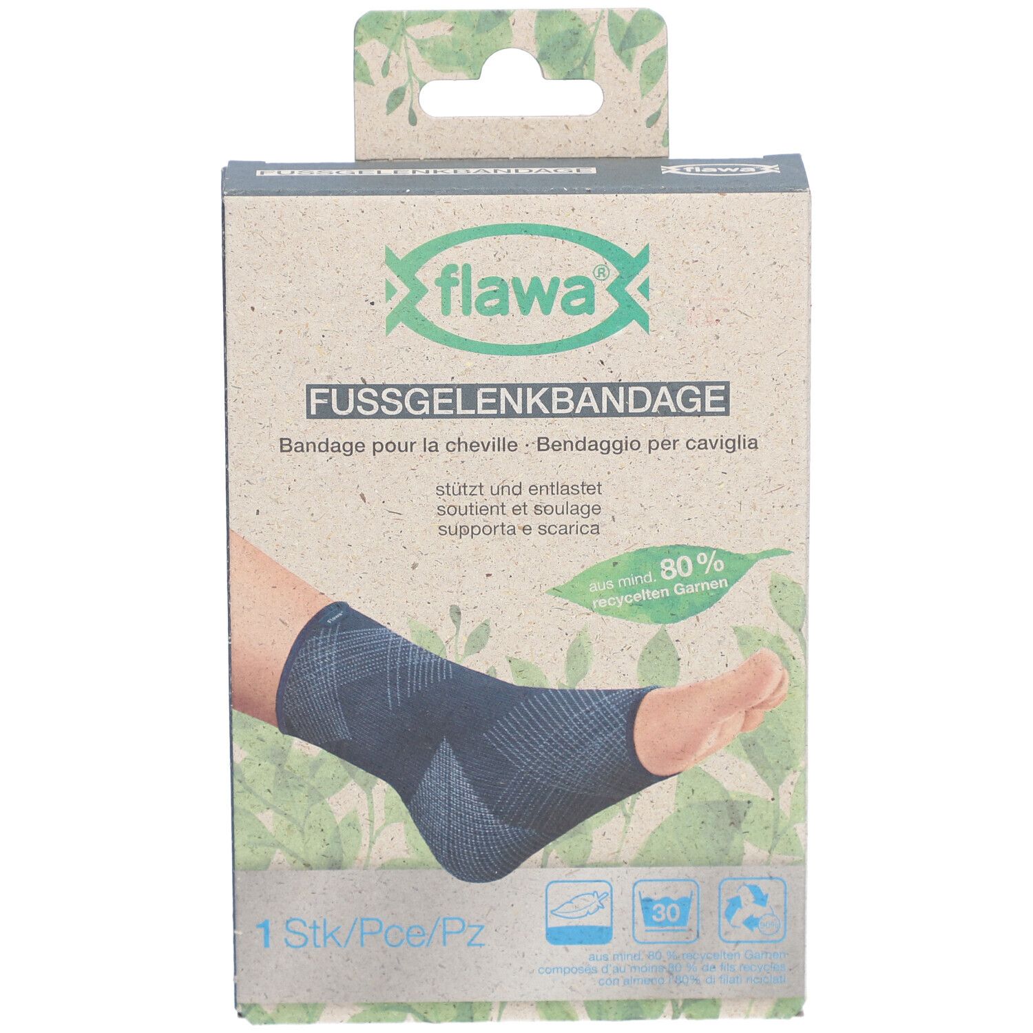Emballage de l'attelle de cheville flawa®. Inscription : FUSSGELENKBANDAGE, Bandage pour la cheville, 1 pièce, 80% fils recyclés.