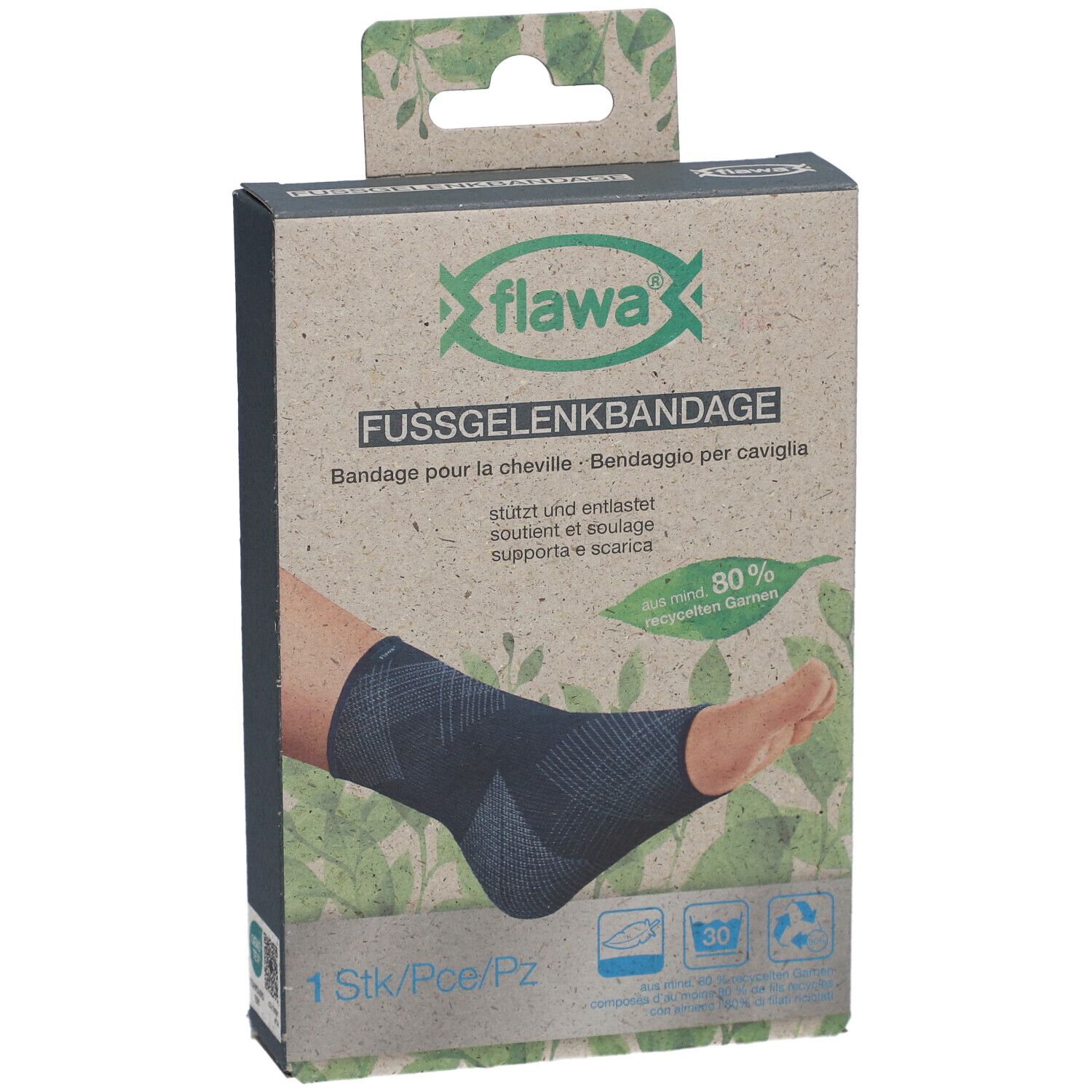Emballage de l'attelle de cheville flawa®. Inscription : FUSSGELENKBANDAGE, Bandage pour la cheville, 1 pièce, 80% fils recyclés.