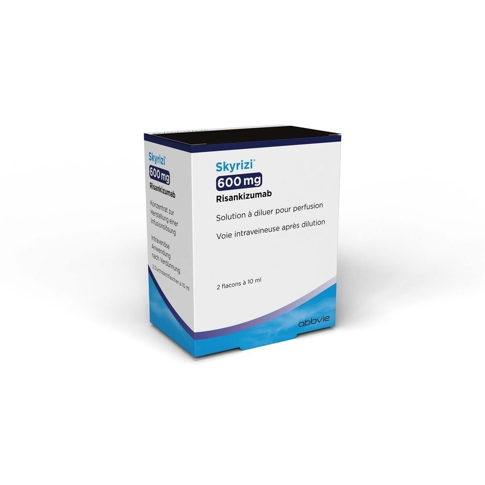Karton mit Produktinformationen. Aufschrift: Skyrizi 600 mg, Risankizumab. Lösung zur intravenösen Anwendung. Enthält 2 Durchstechflaschen.