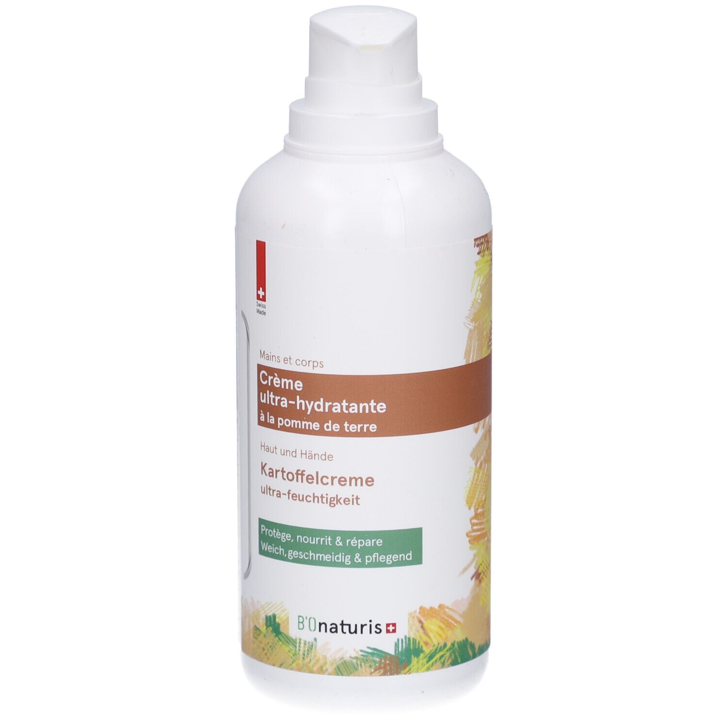 Flacon blanc avec pompe. Inscription: Crème ultra-hydratante à la pomme de terre. Logo B'ONaturis.