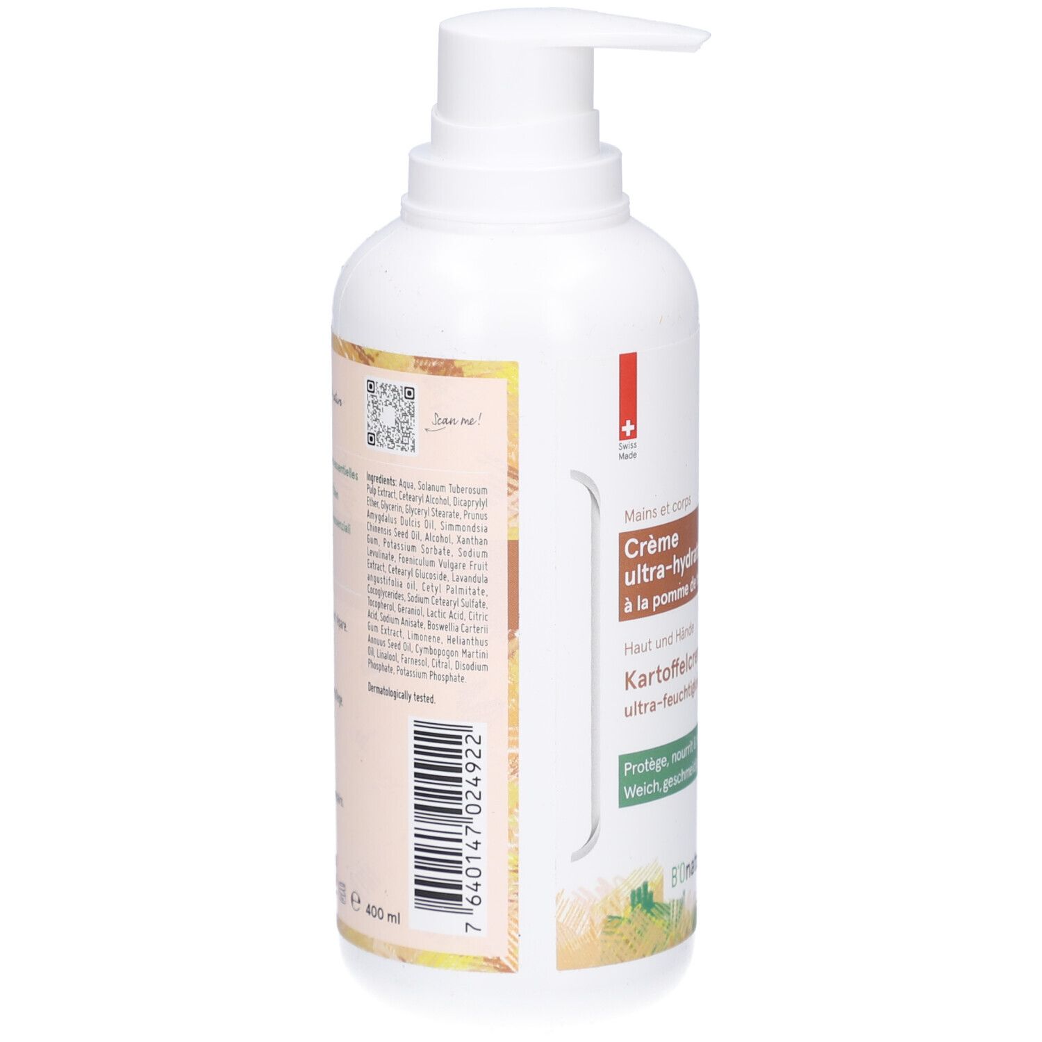 Flacon blanc avec pompe. Inscription: Crème ultra-hydratante à la pomme de terre. Liste des ingrédients.