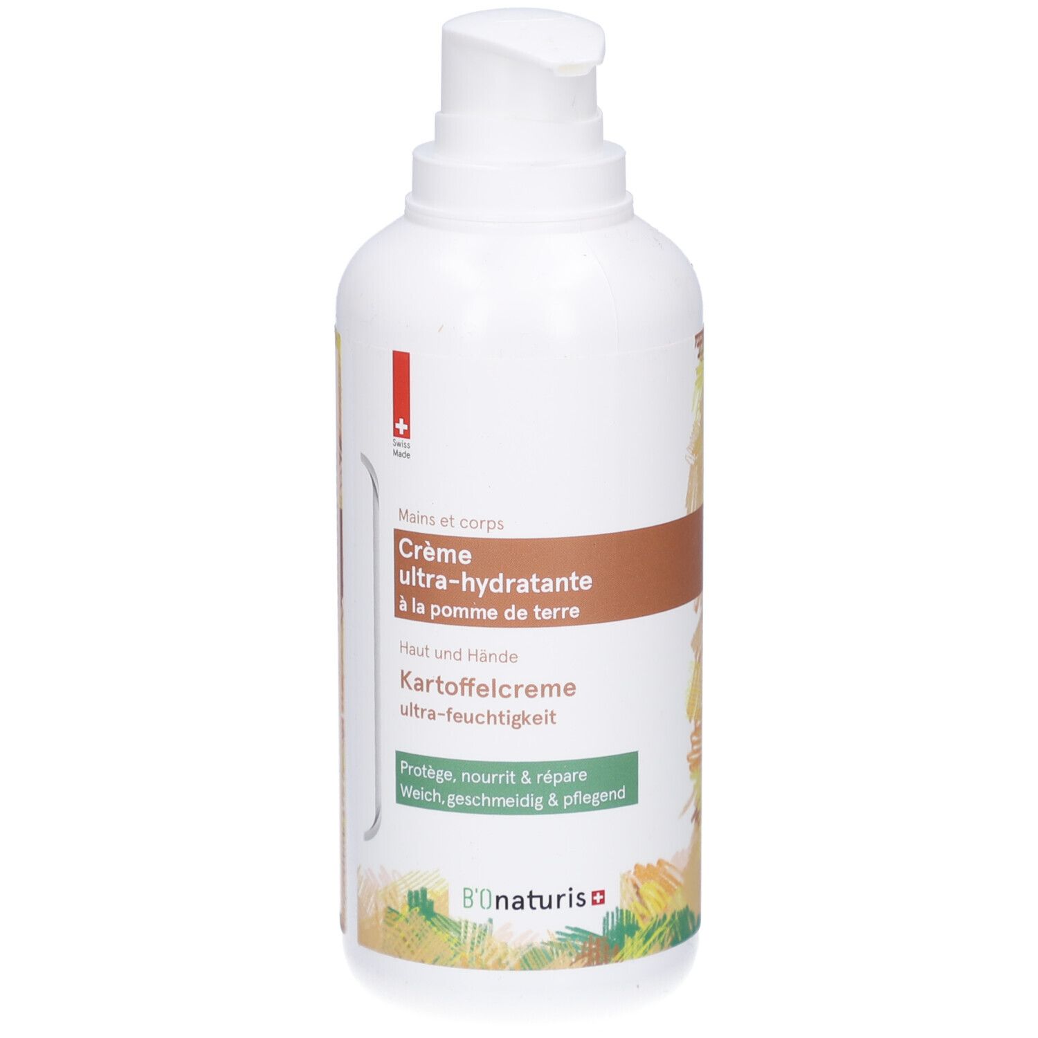 Flacon blanc avec pompe. Inscription: Crème ultra-hydratante à la pomme de terre. Logo B'ONaturis.