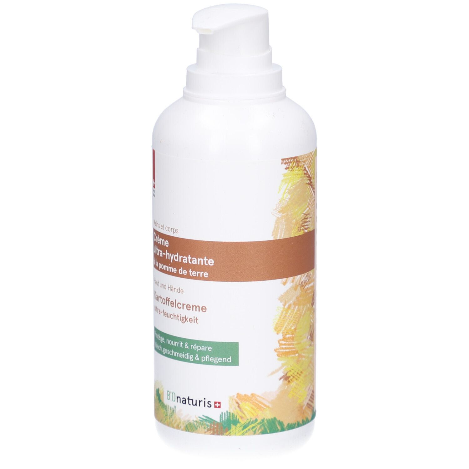 Flacon blanc avec pompe. Inscription: Crème ultra-hydratante à la pomme de terre. Logo B'ONaturis.