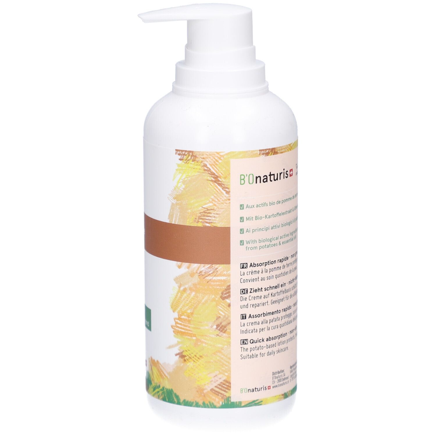 Flacon blanc avec pompe. Inscription: Crème ultra-hydratante à la pomme de terre. Texte sur les ingrédients.