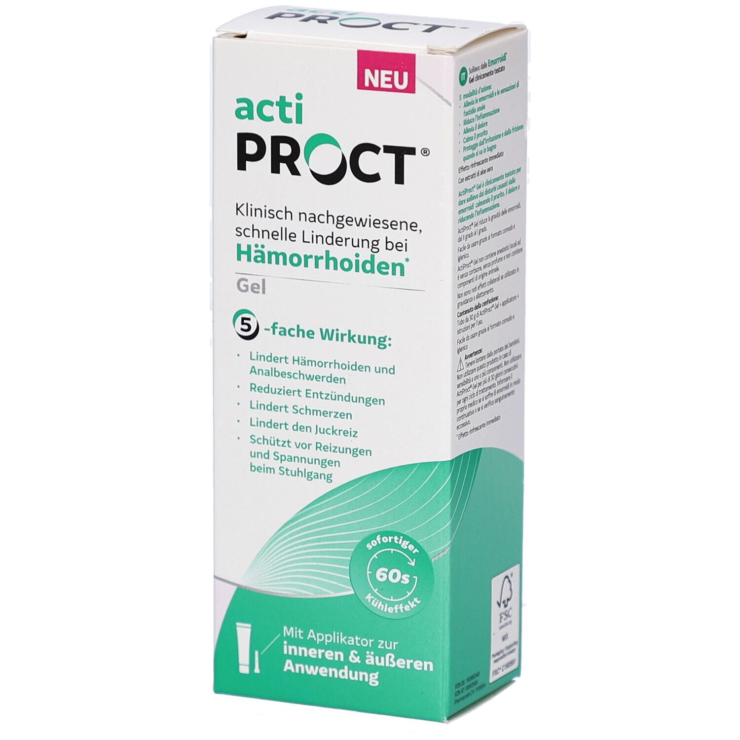 Weißer Karton mit ActiProct Gel. Text: Klinisch nachgewiesene, schnelle Linderung bei Hämorrhoiden. Mit Applikator für innere & äußere Anwendung.