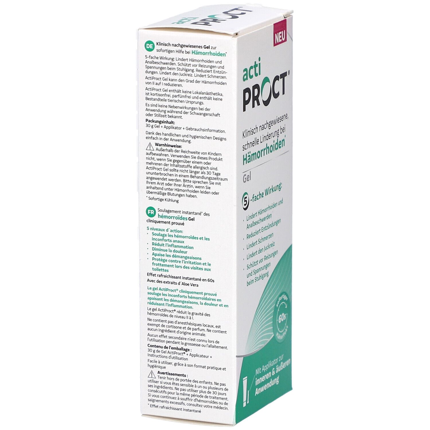 Karton mit ActiProct Gel. Text in Deutsch und Französisch. Enthält Informationen zur Anwendung und Inhaltsstoffe. FSC-Zertifizierung.