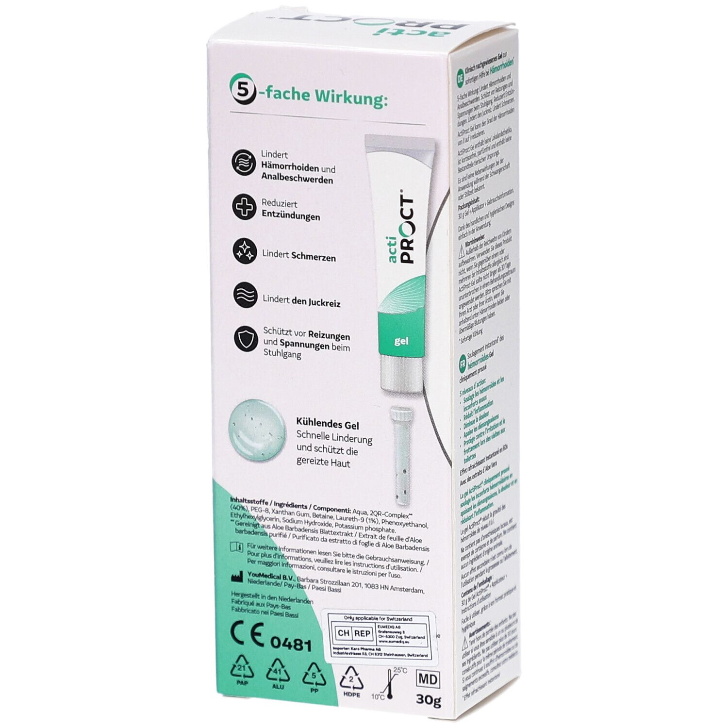 Rückseite der ActiProct Gel Verpackung. Enthält Produktinformationen, Inhaltsstoffe und CE-Kennzeichnung. 30g Tube.