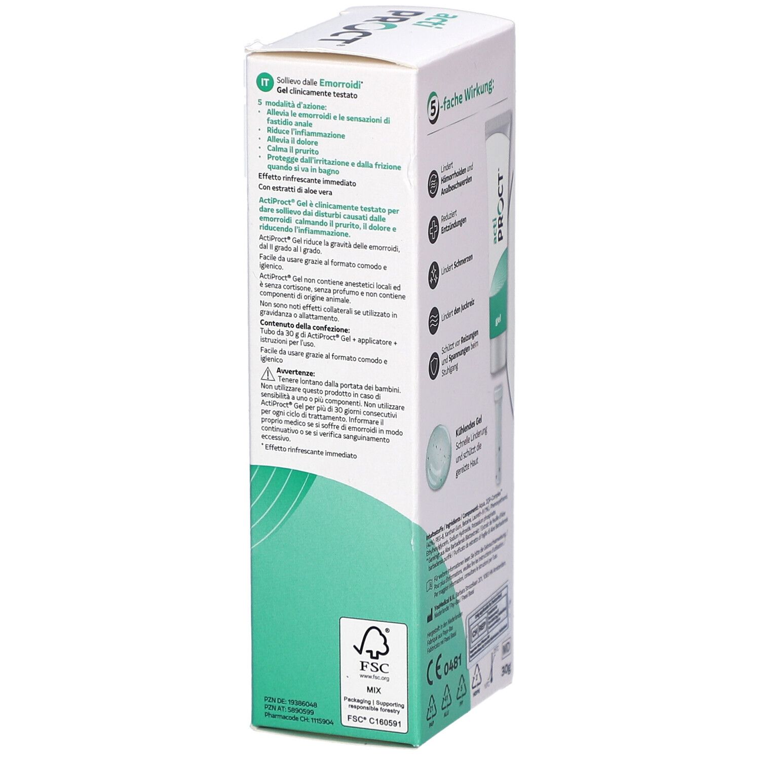 Seite der ActiProct Gel Verpackung. Text in Italienisch. Enthält Informationen zur Anwendung und Inhaltsstoffe. FSC-Zertifizierung.