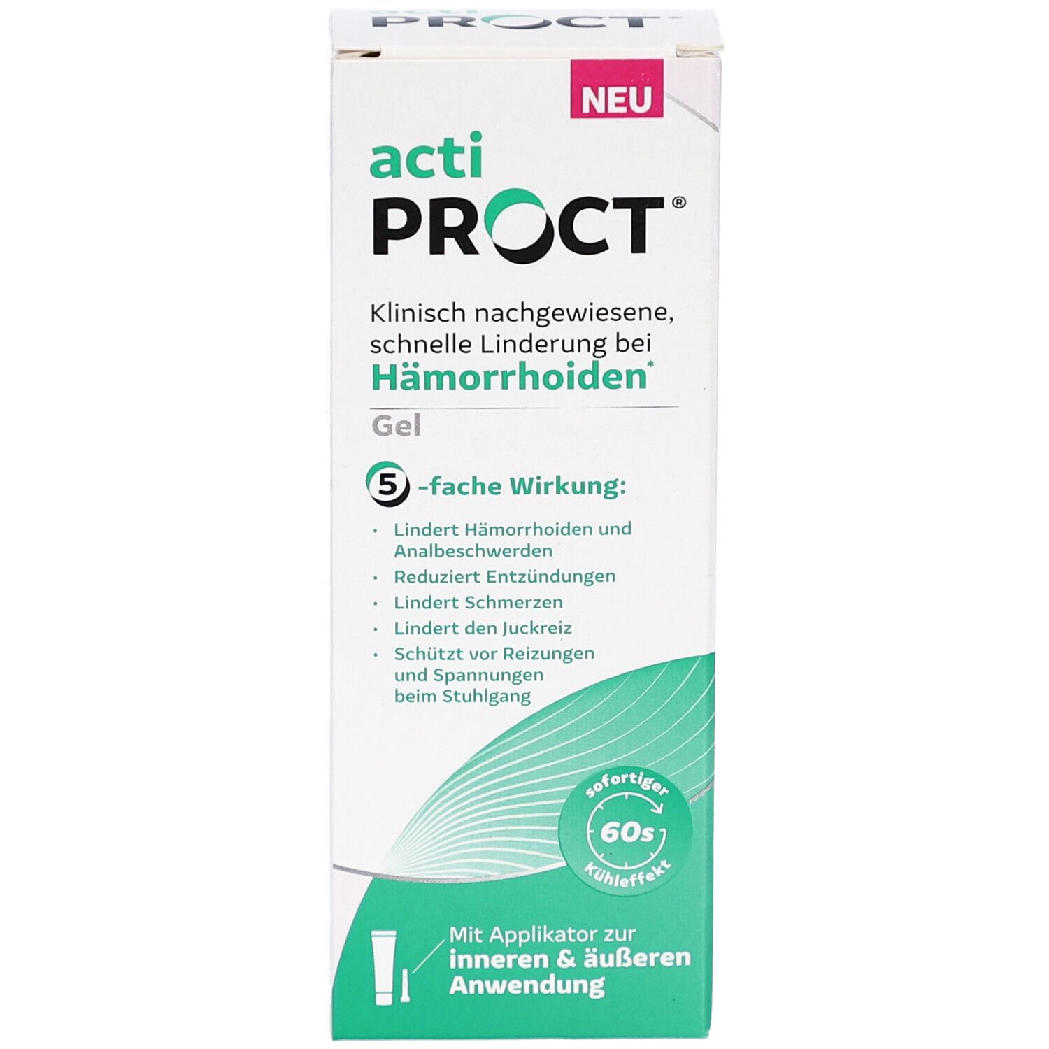Weißer Karton mit ActiProct Gel. Text: Klinisch nachgewiesene, schnelle Linderung bei Hämorrhoiden. Mit Applikator für innere & äußere Anwendung.