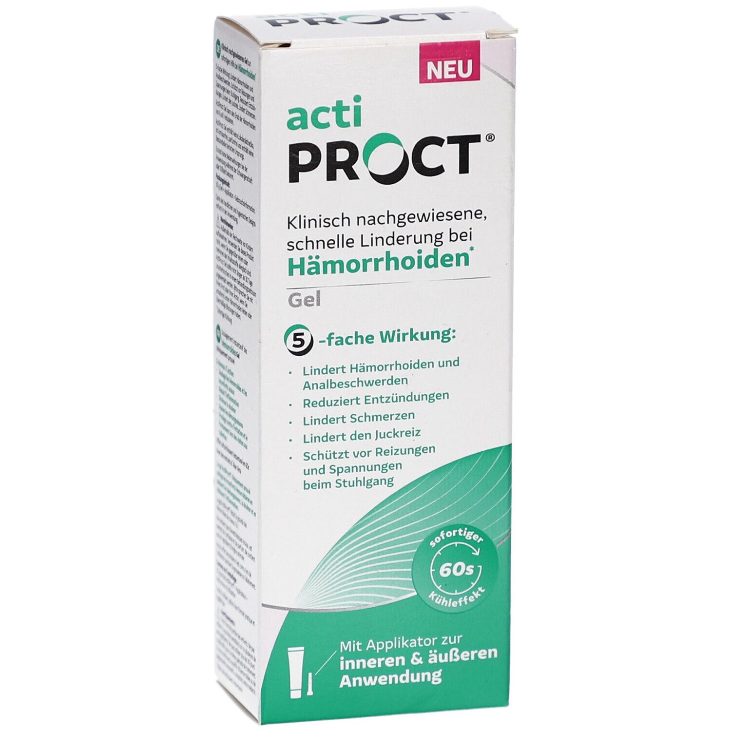 Weißer Karton mit ActiProct Gel. Text: Klinisch nachgewiesene, schnelle Linderung bei Hämorrhoiden. Mit Applikator für innere & äußere Anwendung.