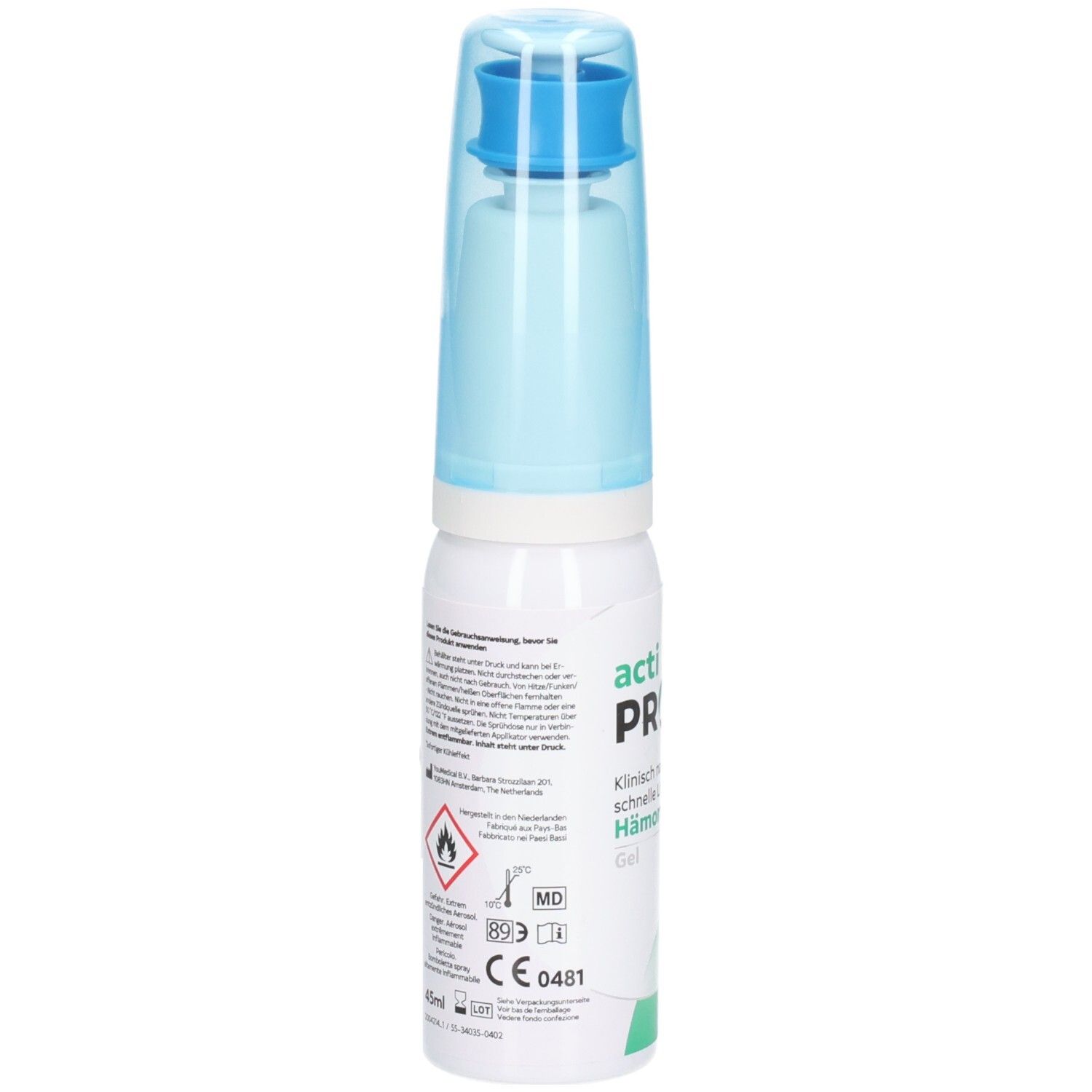 Dos du flacon blanc avec bouchon bleu. Texte et symboles. Inscription: actiPROCT, Gel. Soulagement rapide et cliniquement prouvé.