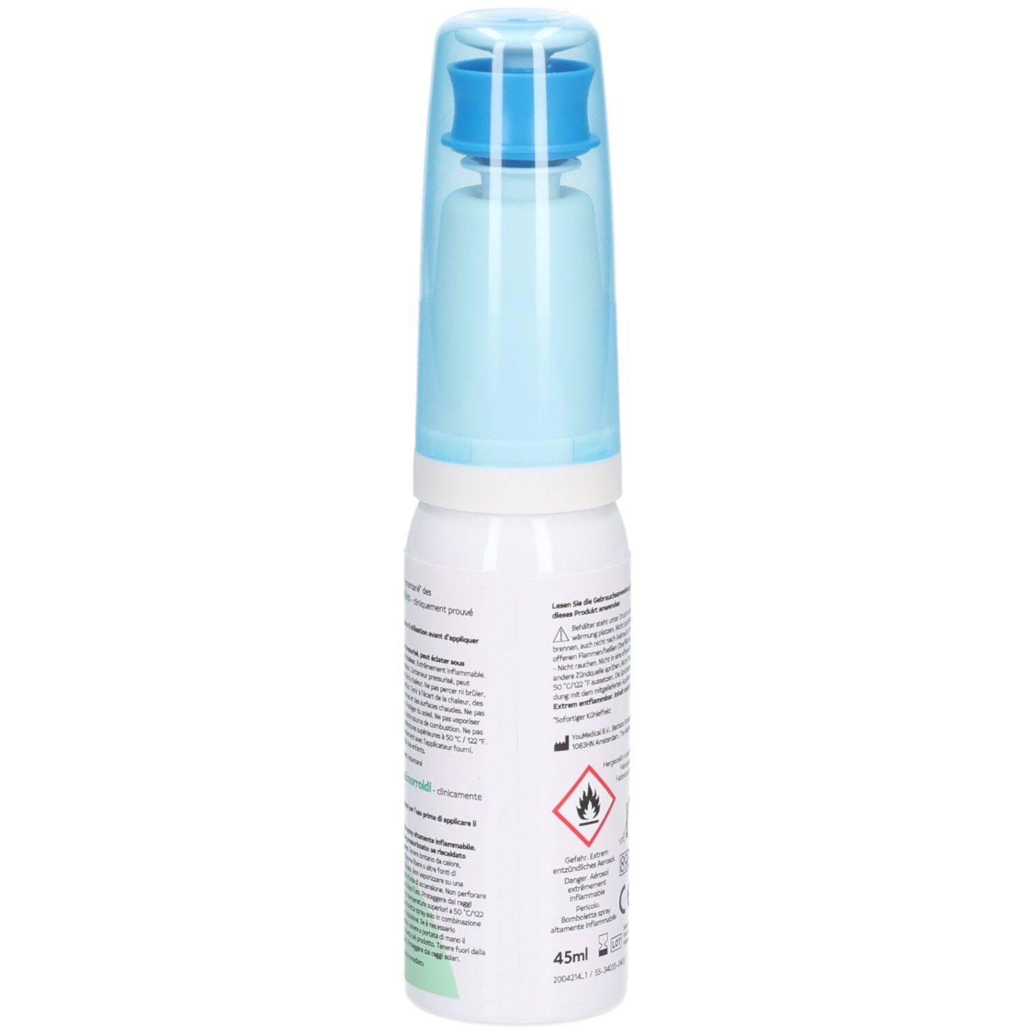 Dos du flacon blanc avec bouchon bleu. Texte et symboles. Inscription: actiPROCT, Gel. Soulagement rapide et cliniquement prouvé.