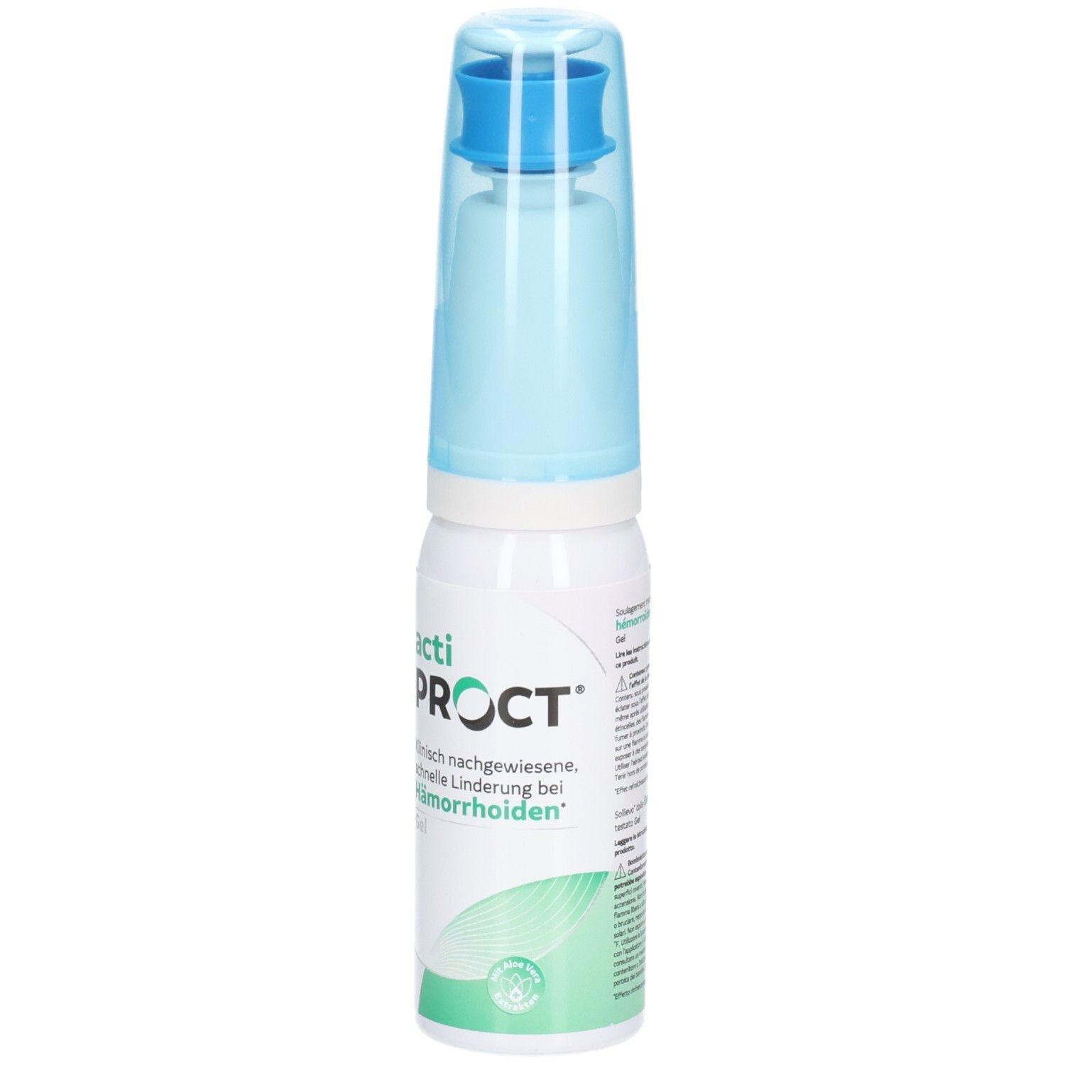 Flacon blanc avec bouchon bleu. Inscription: actiPROCT, Gel. Soulagement rapide et cliniquement prouvé des hémorroïdes.