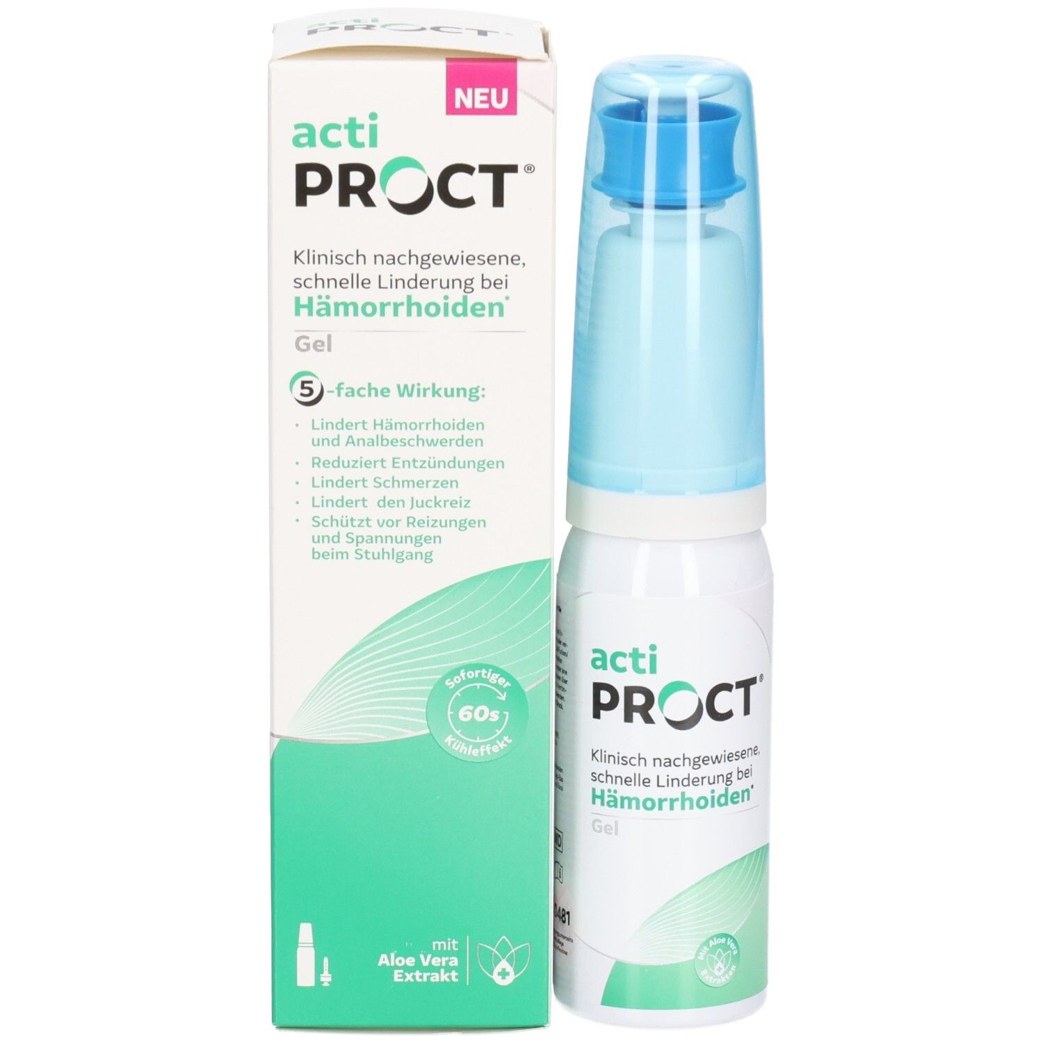 Emballage et flacon pulvérisateur. Inscription: actiPROCT, Gel. Soulagement rapide et cliniquement prouvé des hémorroïdes. Avec Aloe Vera.