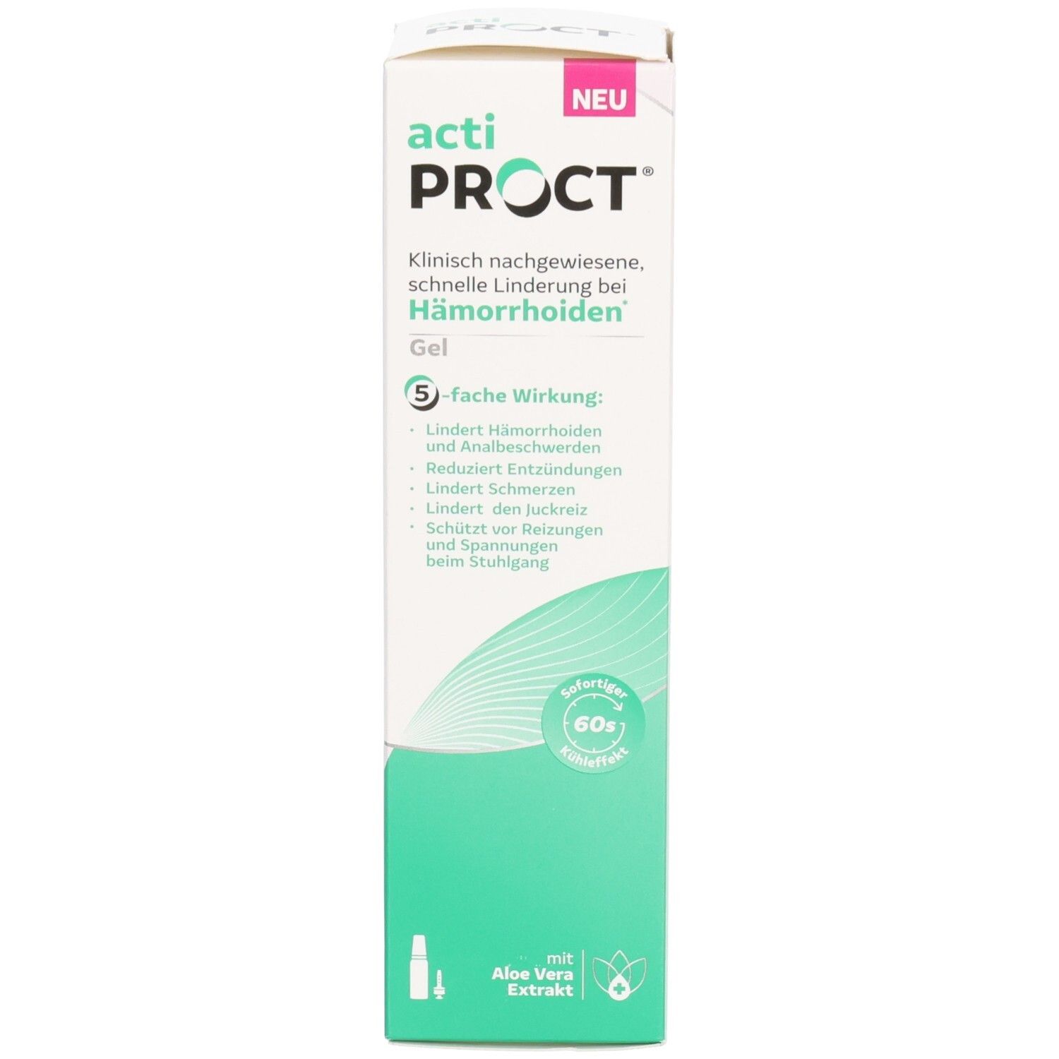 Emballage du produit. Inscription: actiPROCT, Gel. Soulagement rapide et cliniquement prouvé des hémorroïdes. Avec Aloe Vera.