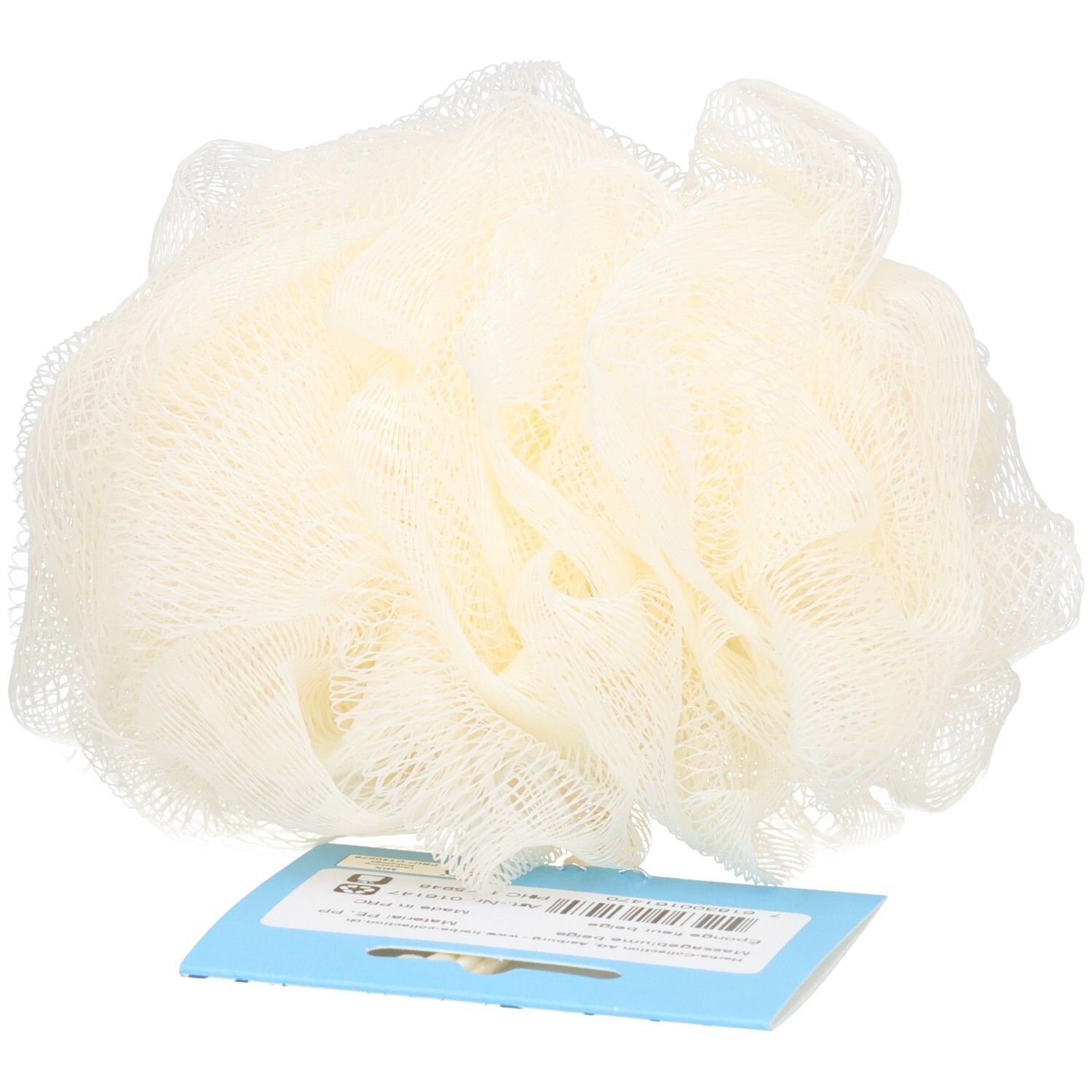 Beige Massageblume. Netzstruktur, rundlich. Auf blauem Karton mit Barcode und Text.