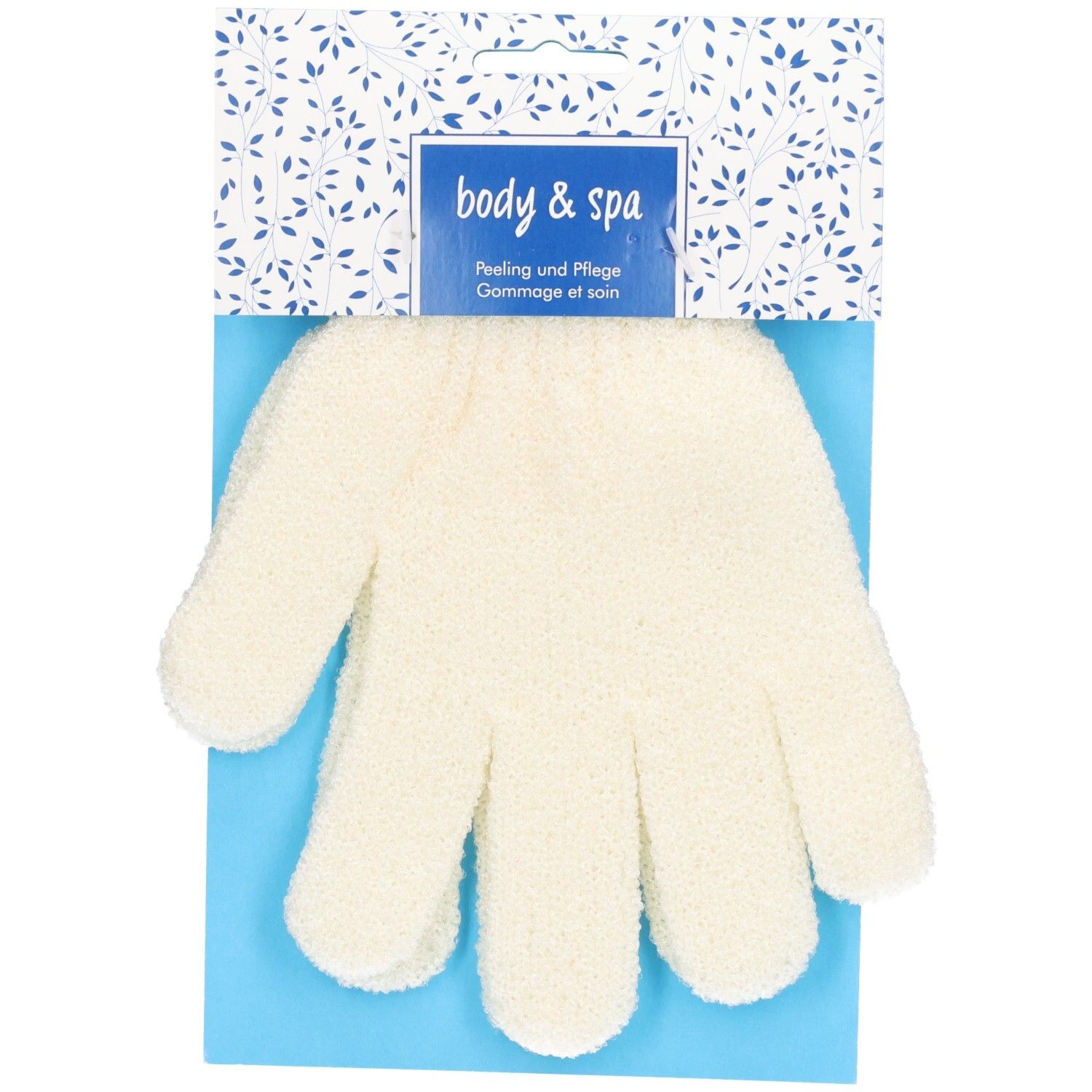 Gant de gommage beige en forme de main, avec carton bleu. Inscription : body & spa, Peeling und Pflege, Gommage et soin.