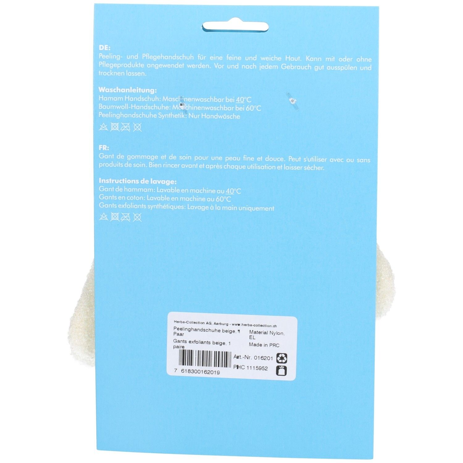 Dos du gant de gommage beige avec informations produit et instructions de lavage sur carton bleu.