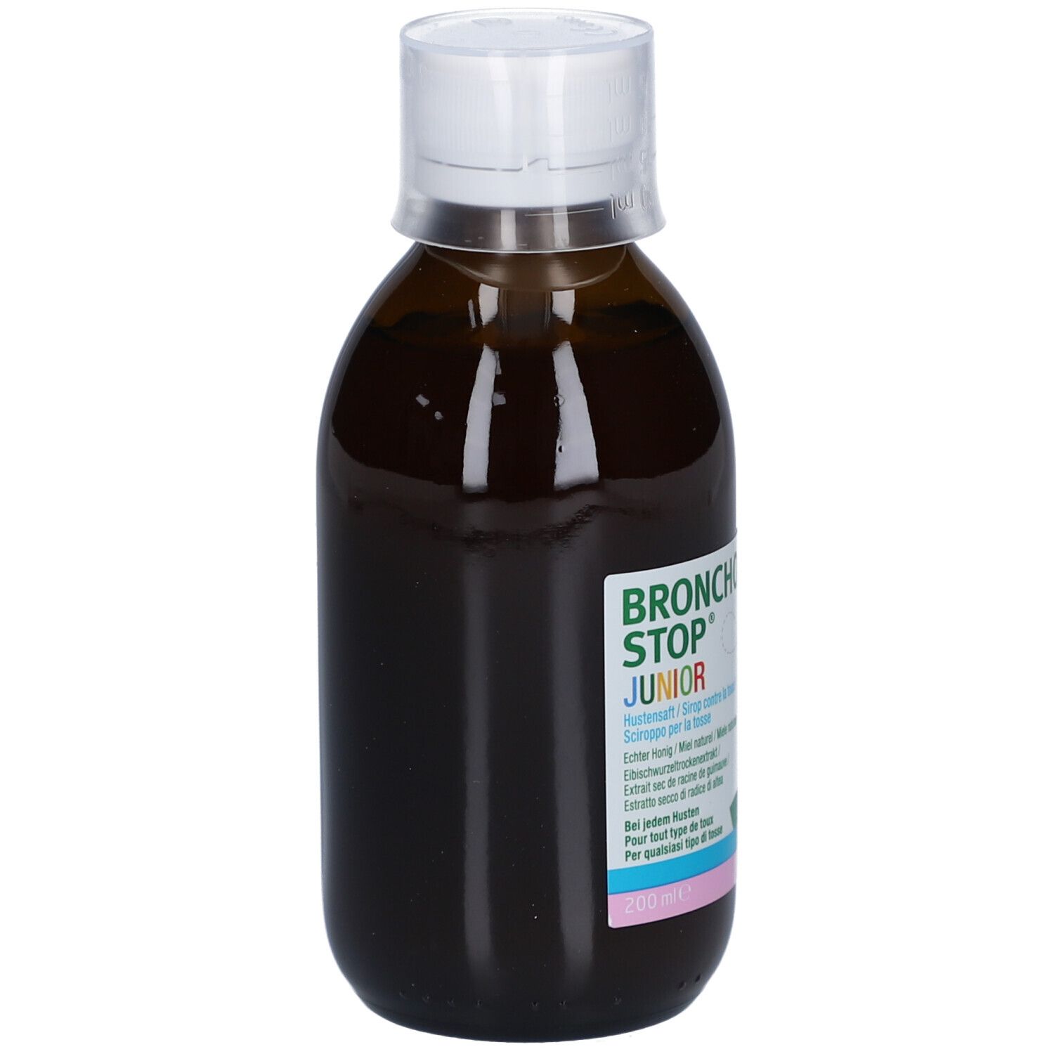 Flacon en verre brun avec bouchon blanc. Étiquette avec nom du produit BRONCHOSTOP JUNIOR et informations.
