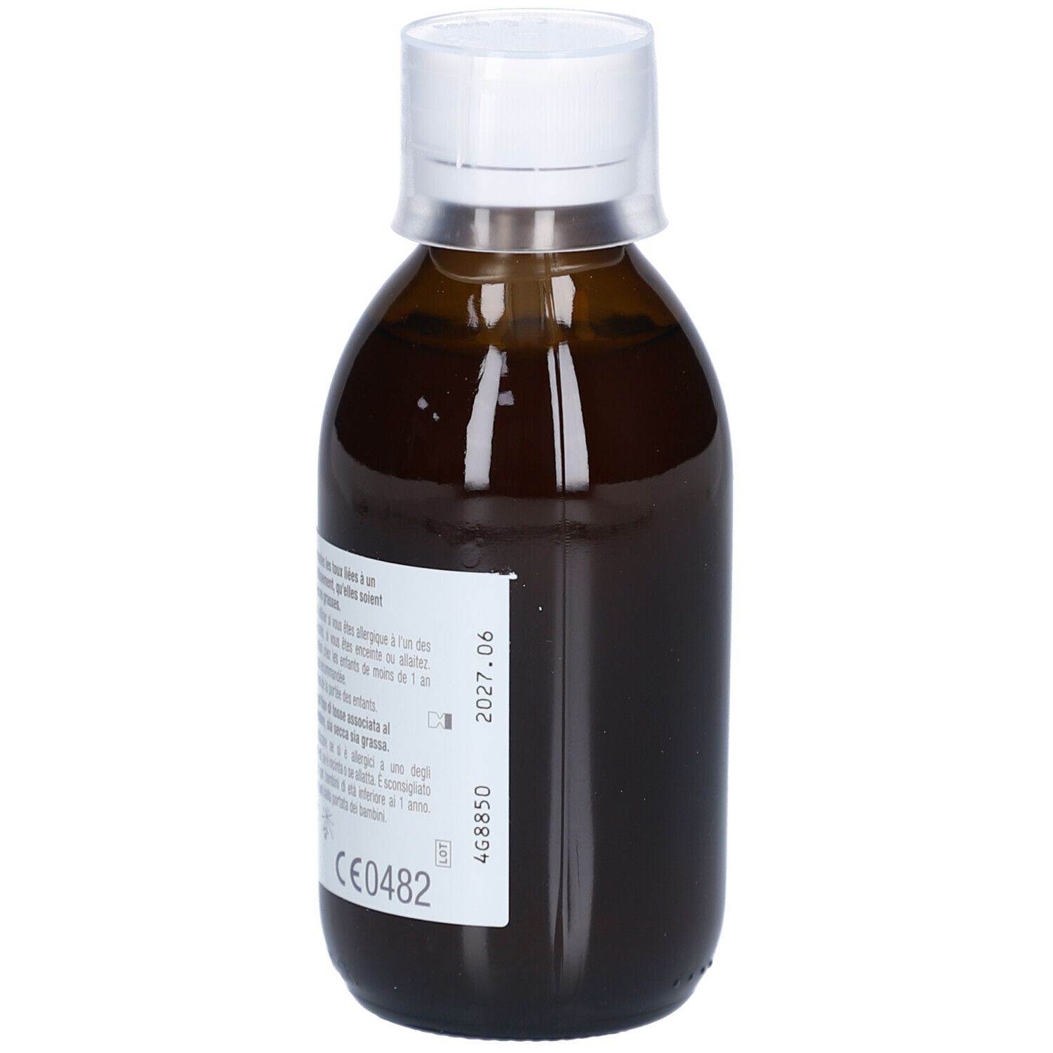 Flacon en verre brun avec bouchon blanc. Dos avec étiquette et texte. Date imprimée et marquage CE.