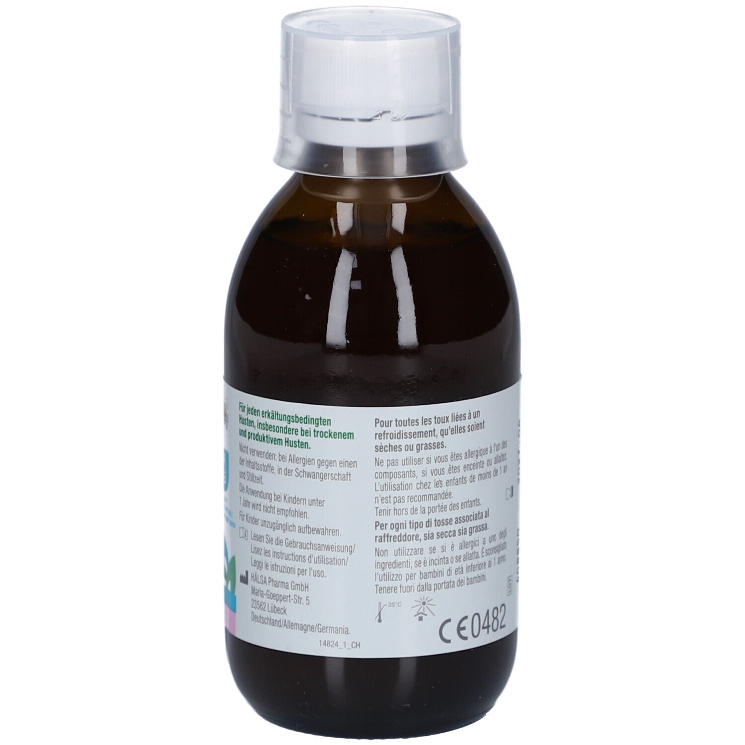 Flacon en verre brun avec bouchon blanc. Dos avec étiquette et texte. Marquage CE.