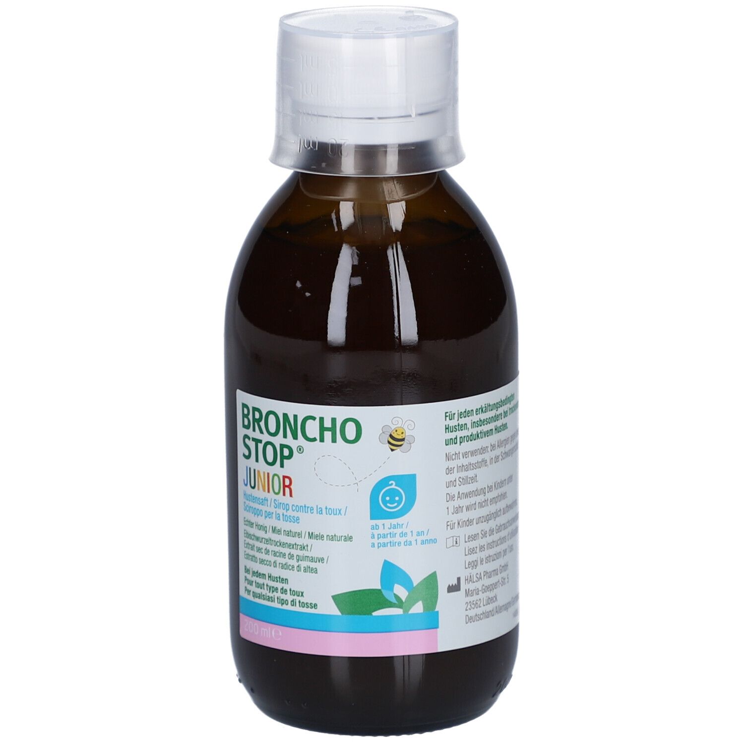 Flacon en verre brun avec bouchon blanc. Étiquette avec nom du produit BRONCHOSTOP JUNIOR et illustrations.