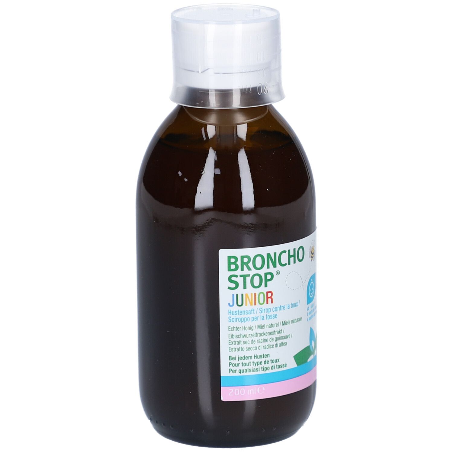 Flacon en verre brun avec bouchon blanc. Étiquette avec nom du produit BRONCHOSTOP JUNIOR et texte.