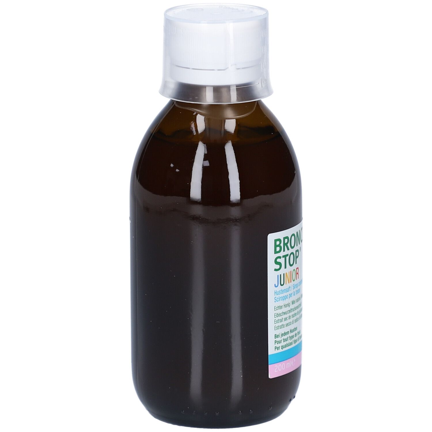 Flacon en verre brun avec bouchon blanc. Étiquette avec nom du produit BRONCHOSTOP JUNIOR et texte.