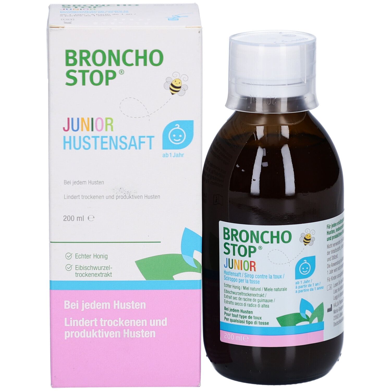 Emballage et flacon du produit. Boîte avec nom du produit BRONCHOSTOP JUNIOR HUSTENSAFT et texte. Flacon à côté.