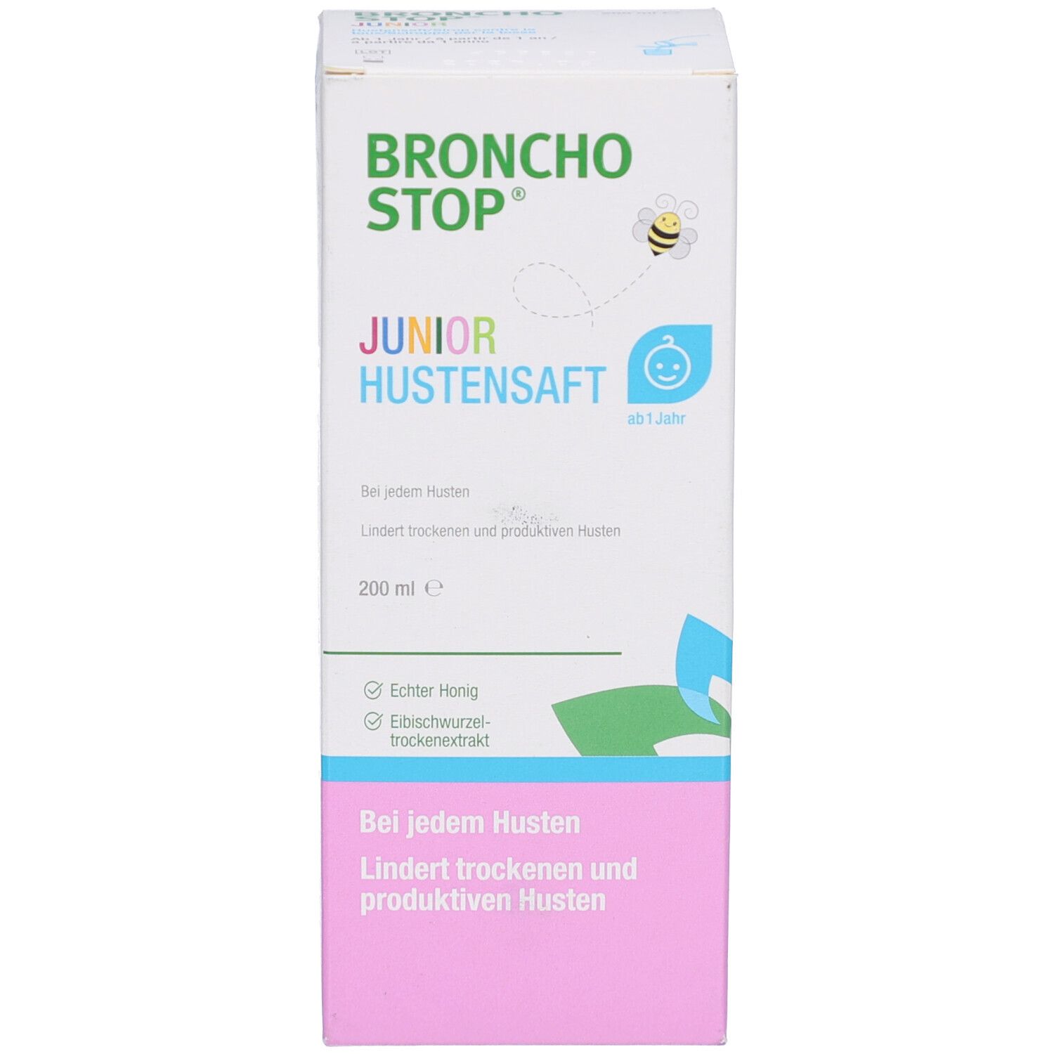 Emballage du produit. Boîte avec nom du produit BRONCHOSTOP JUNIOR HUSTENSAFT et texte. Design rose et blanc.