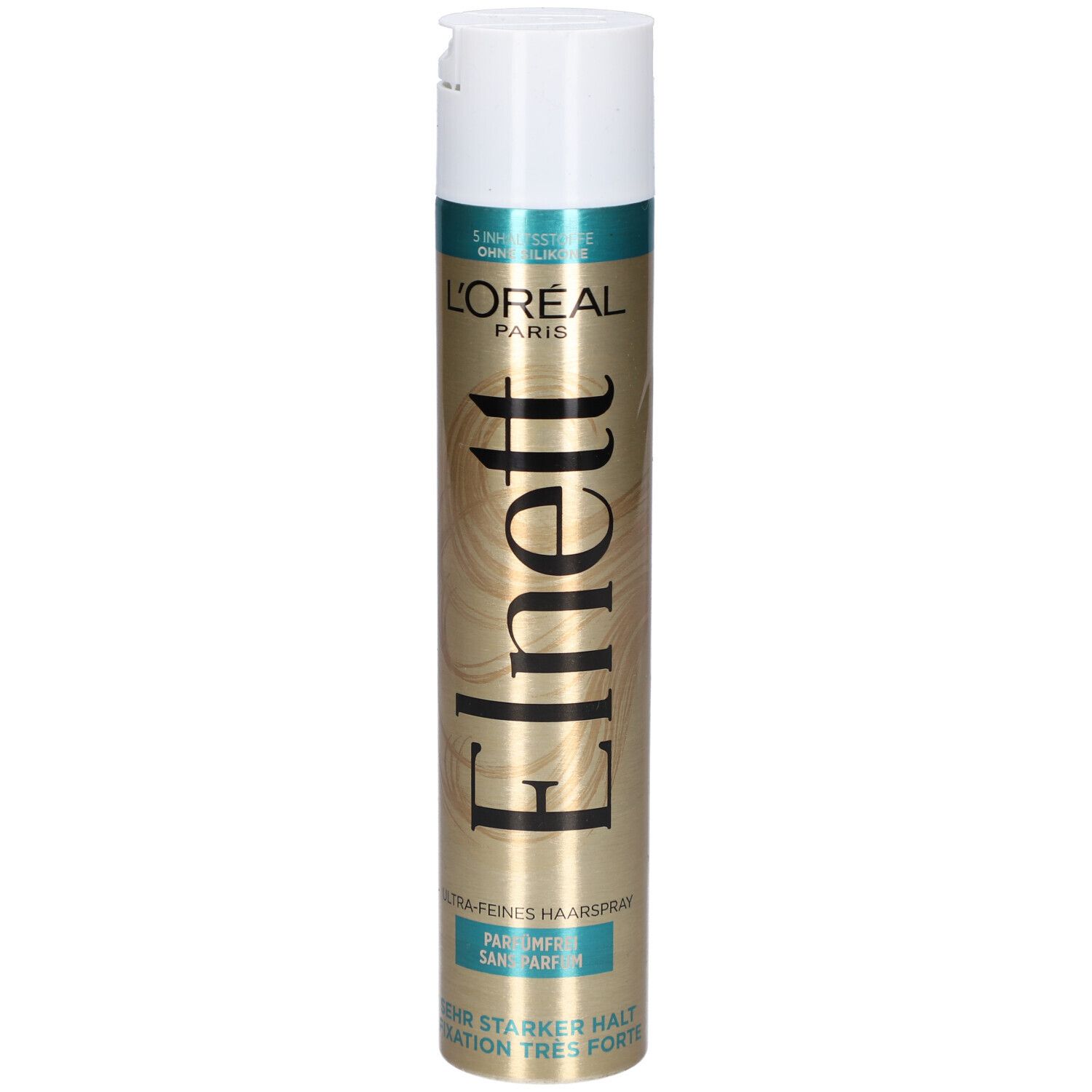 L'Oréal Paris Elnett Haarspray ohne Parfum. Goldene Dose mit weißem Deckel. Schriftzug Elnett und L'Oréal Paris.