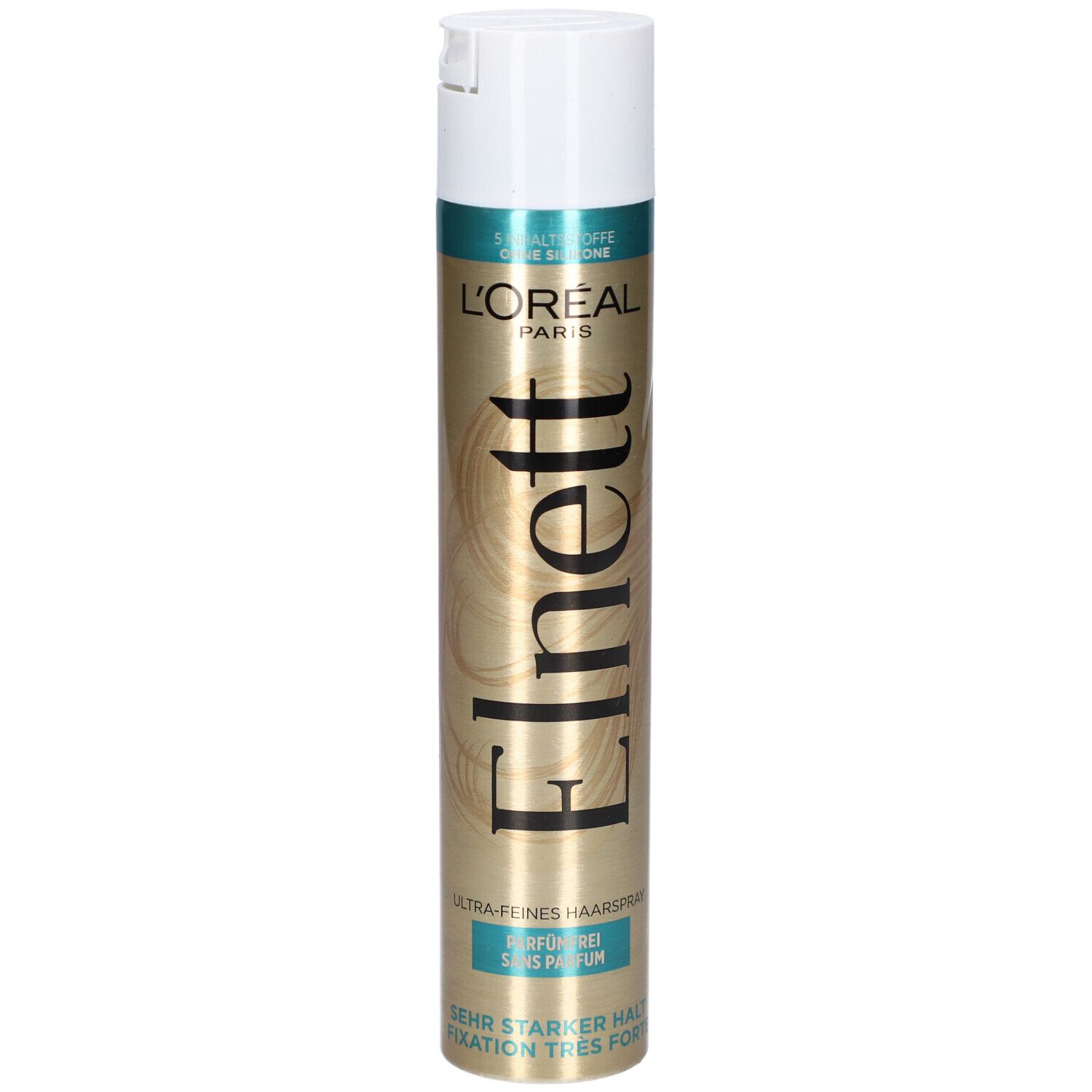 L'Oréal Paris Elnett Haarspray ohne Parfum. Goldene Dose mit weißem Deckel. Schriftzug Elnett und L'Oréal Paris.