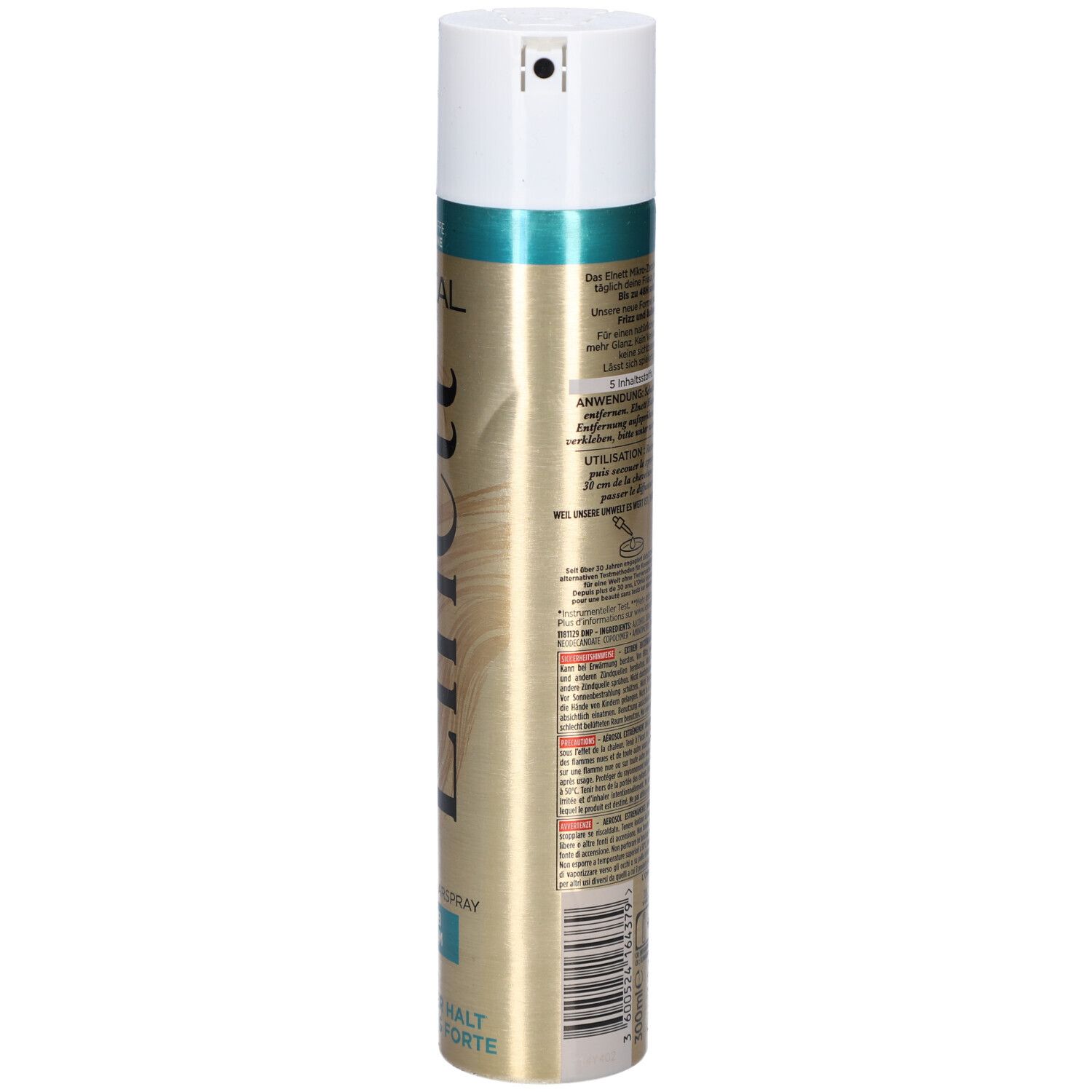 L'Oréal Paris Elnett Haarspray ohne Parfum. Rückseite der Dose mit Text. Goldene Dose mit weißem Deckel.