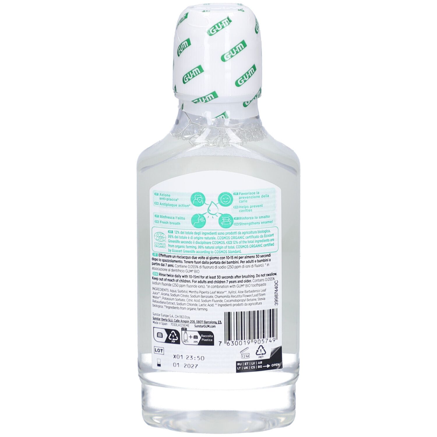 Rückansicht der Flasche. Textinformationen auf grünem Etikett. Enthält Informationen zu Inhaltsstoffen und Zertifizierungen.