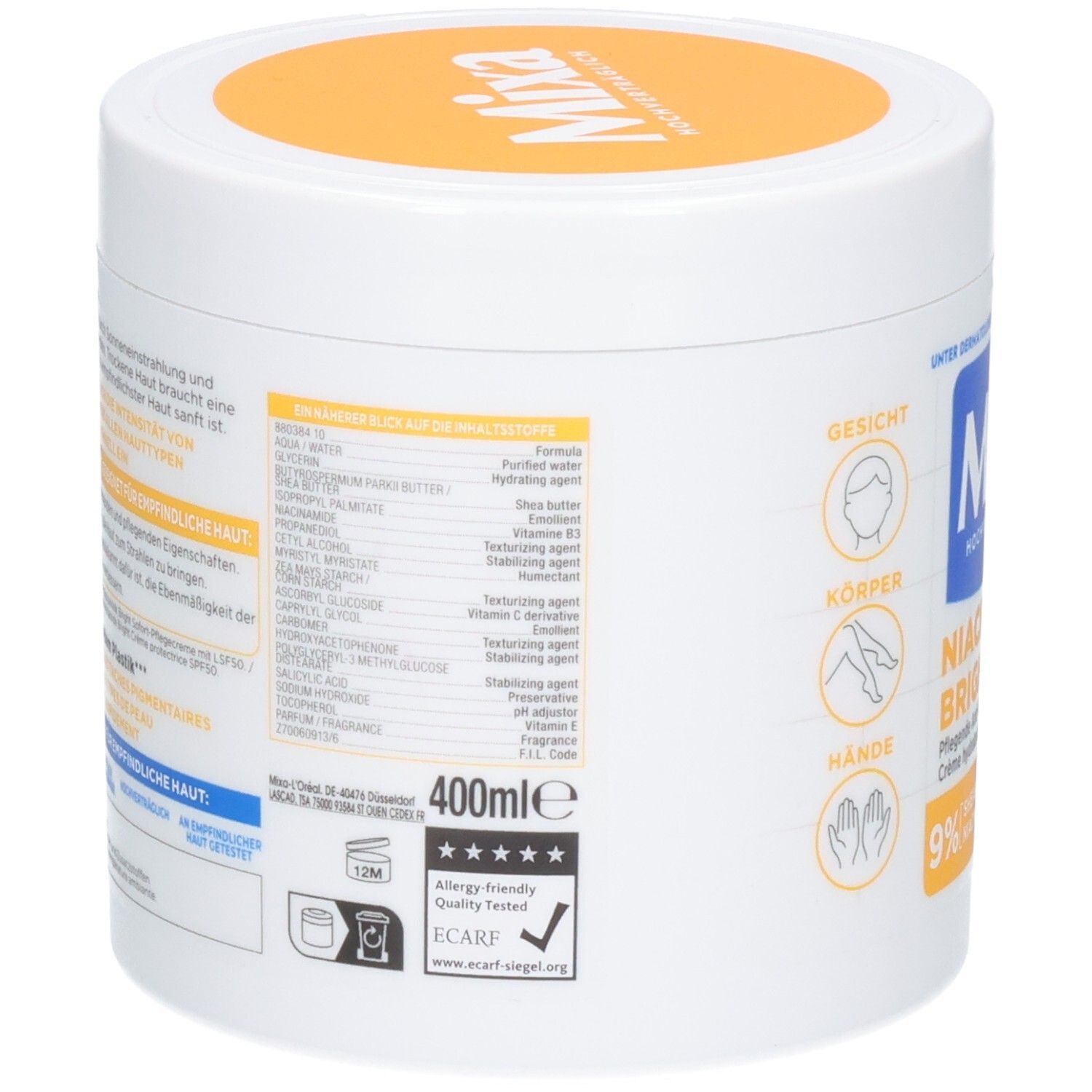 Rückseite des Mixa Niacinamide Bright Tiegels mit Inhaltsstoffen und 400ml Angabe.