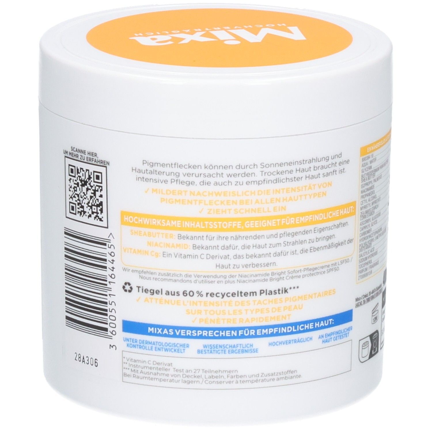 Rückseite des Mixa Niacinamide Bright Tiegels mit Barcode und Anwendungshinweisen.