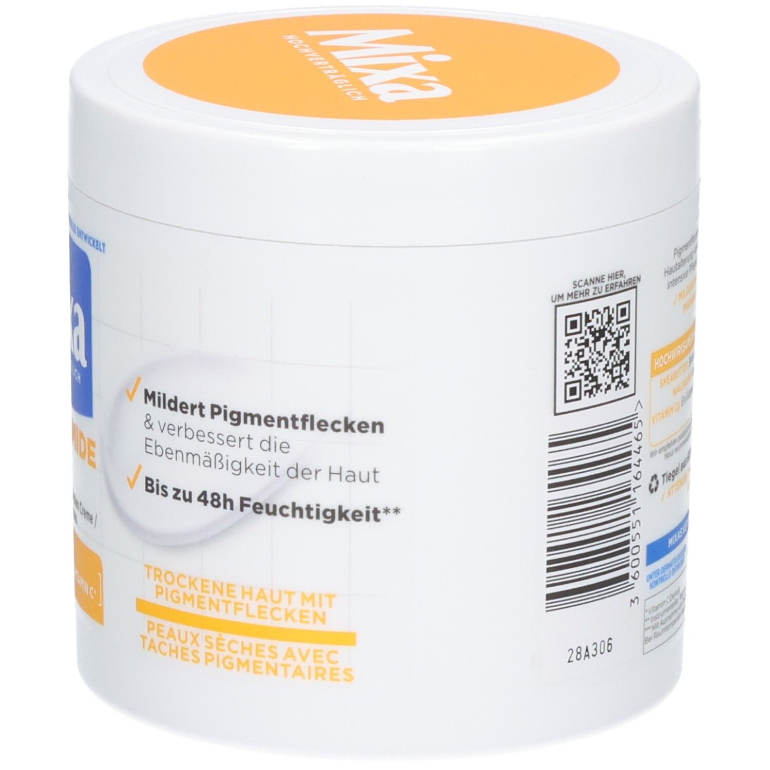 Seite des Mixa Niacinamide Bright Tiegels mit Hinweisen zu Pigmentflecken und Feuchtigkeit.