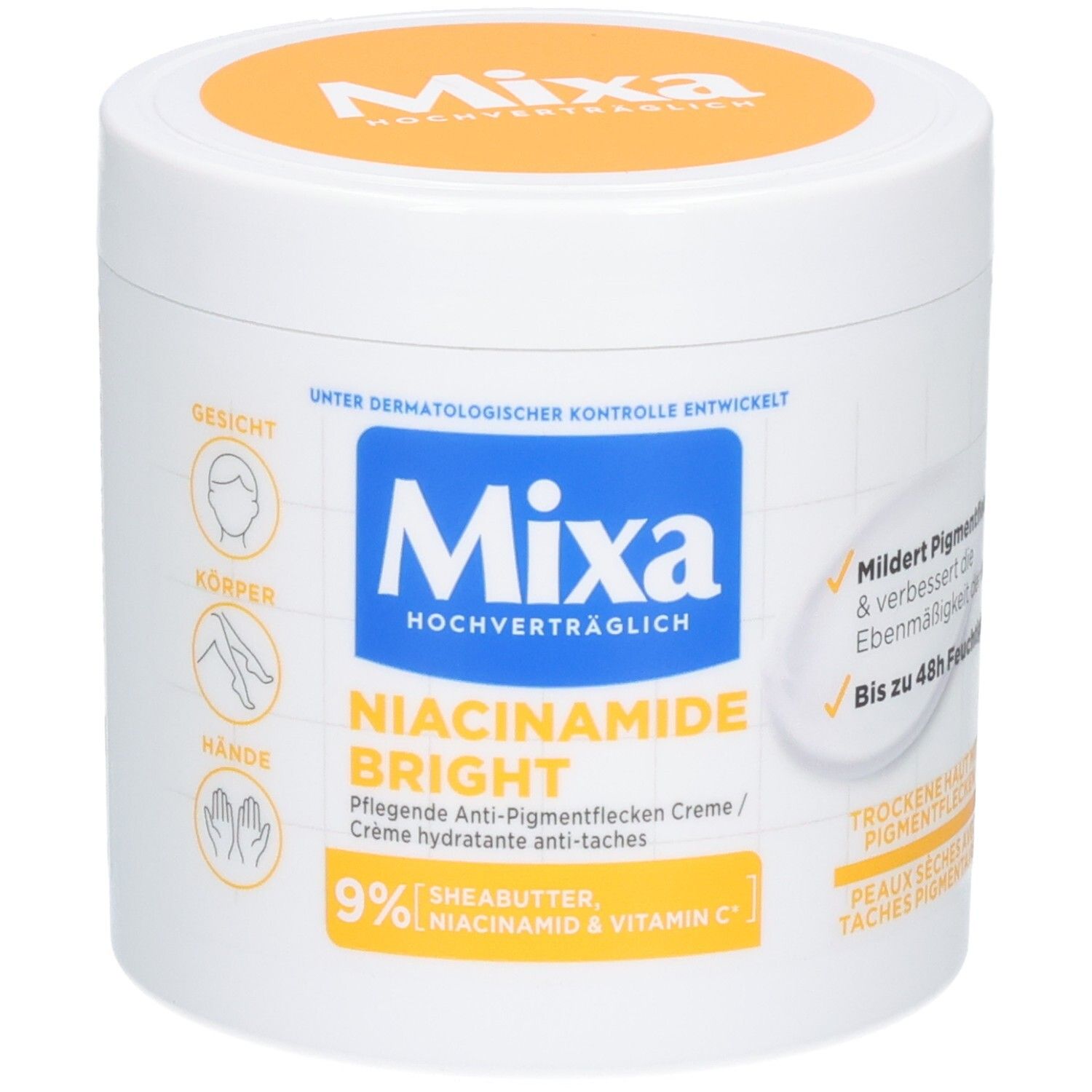 Mixa Niacinamide Bright Tiegel in einer Hand, mit Hinweisen zu Gesicht, Körper und Händen.