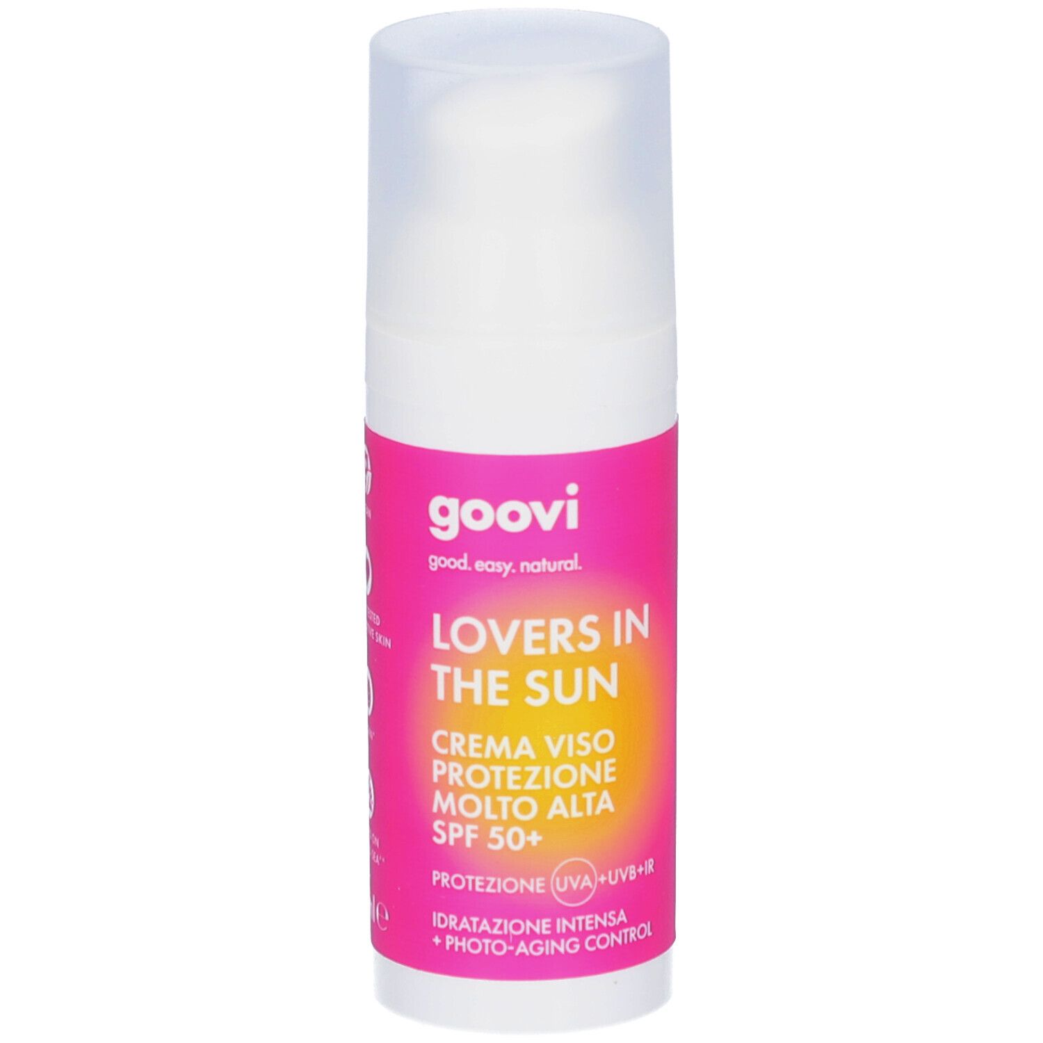 Weiße Flasche mit rosa Etikett. Aufschrift: GOOVI, Lovers in the Sun, Creme Viso Protezione Molto Alta SPF 50+. Mit UV-Schutz.