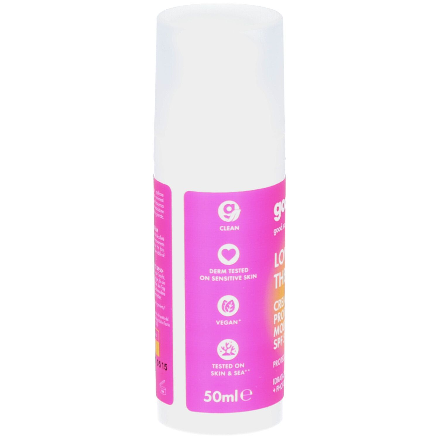 Weiße Flasche mit rosa Etikett. Aufschrift: GOOVI, Lovers in the Sun, Creme Viso Protezione Molto Alta SPF 50+. Vegan, dermatologisch getest.