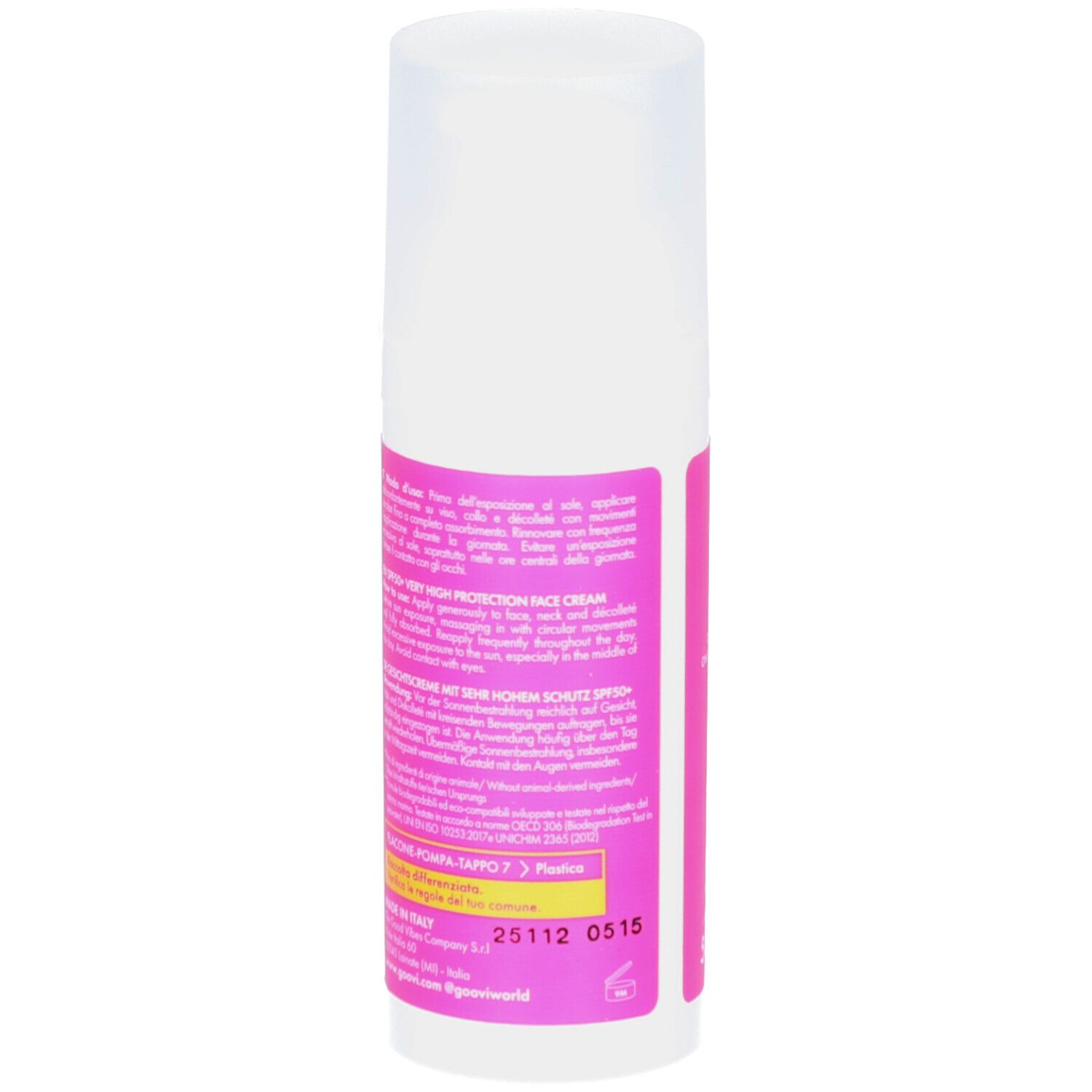 Weiße Flasche mit rosa Etikett. Text in mehreren Sprachen. Aufschrift: GOOVI, Lovers in the Sun, Creme Viso Protezione Molto Alta SPF 50+.