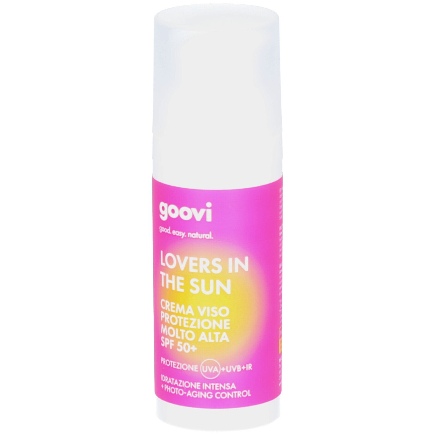 Weiße Flasche mit rosa Etikett. Aufschrift: GOOVI, Lovers in the Sun, Creme Viso Protezione Molto Alta SPF 50+. Mit UV-Schutz.