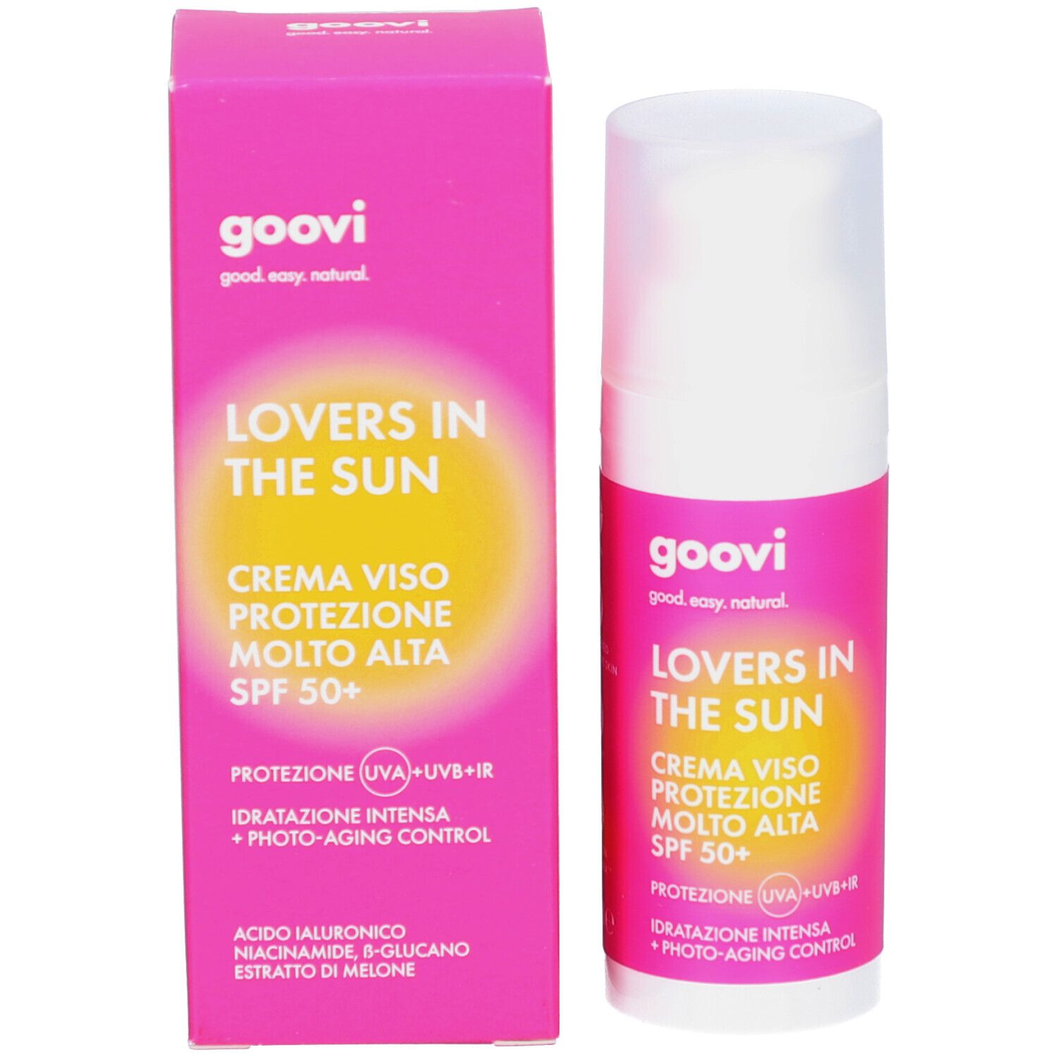 Rosa Schachtel und weiße Flasche. Aufschrift: GOOVI, Lovers in the Sun, Creme Viso Protezione Molto Alta SPF 50+. Mit UV-Schutz.