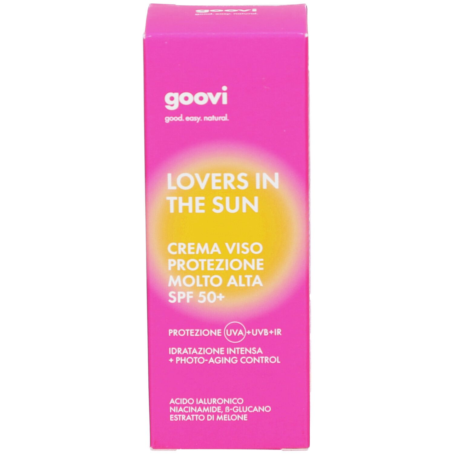 Rosa Schachtel. Aufschrift: GOOVI, Lovers in the Sun, Creme Viso Protezione Molto Alta SPF 50+. Mit UV-Schutz. Inhaltsstoffe.
