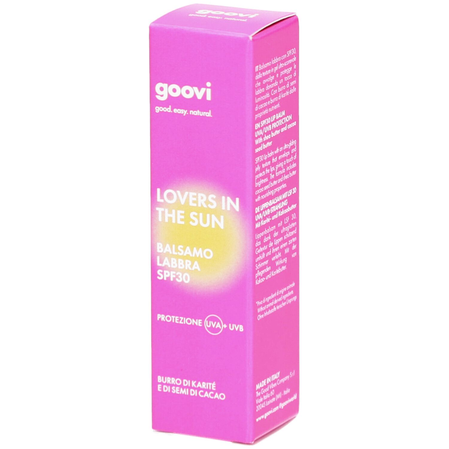 Emballage rose GOOVI. Nom du produit, SPF30, et ingrédients. Protection solaire pour les lèvres.