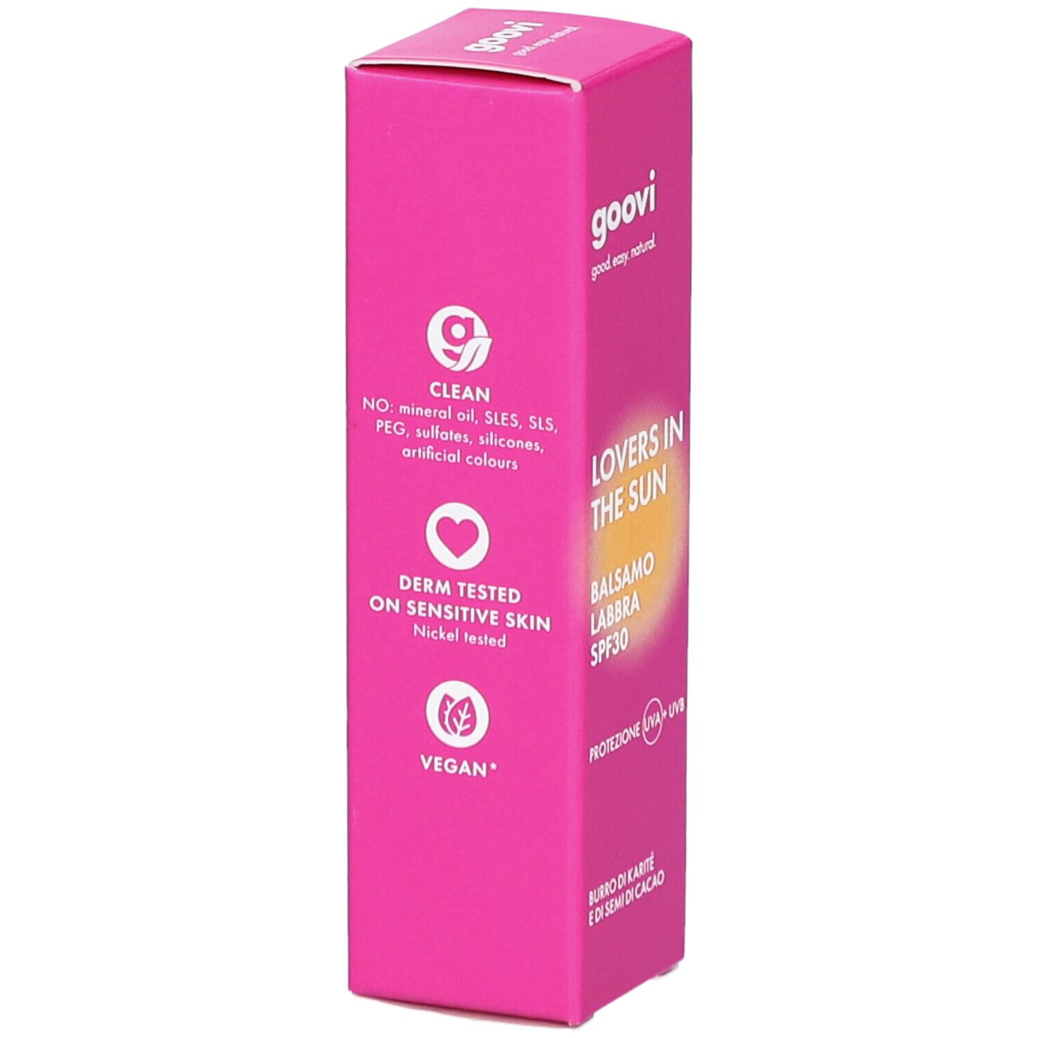 Emballage rose GOOVI. Label vegan, testé dermatologiquement. Sans huiles minérales, SLS, etc.