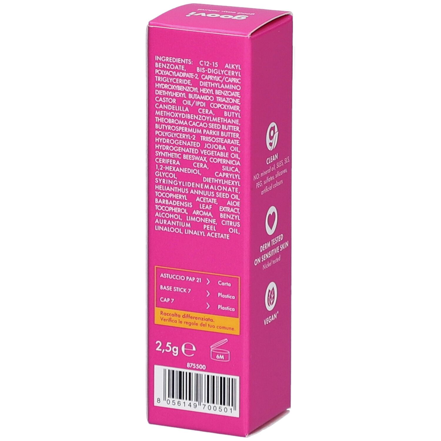 Emballage rose avec liste d'ingrédients. Contient beurre de karité et graines de cacao. 2,5g.