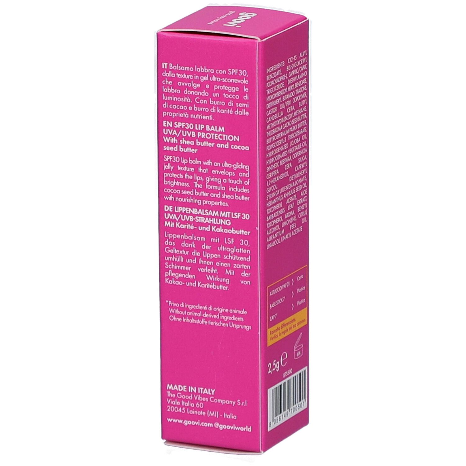 Emballage rose avec description du produit multilingue. Contient SPF30 et beurre de cacao.